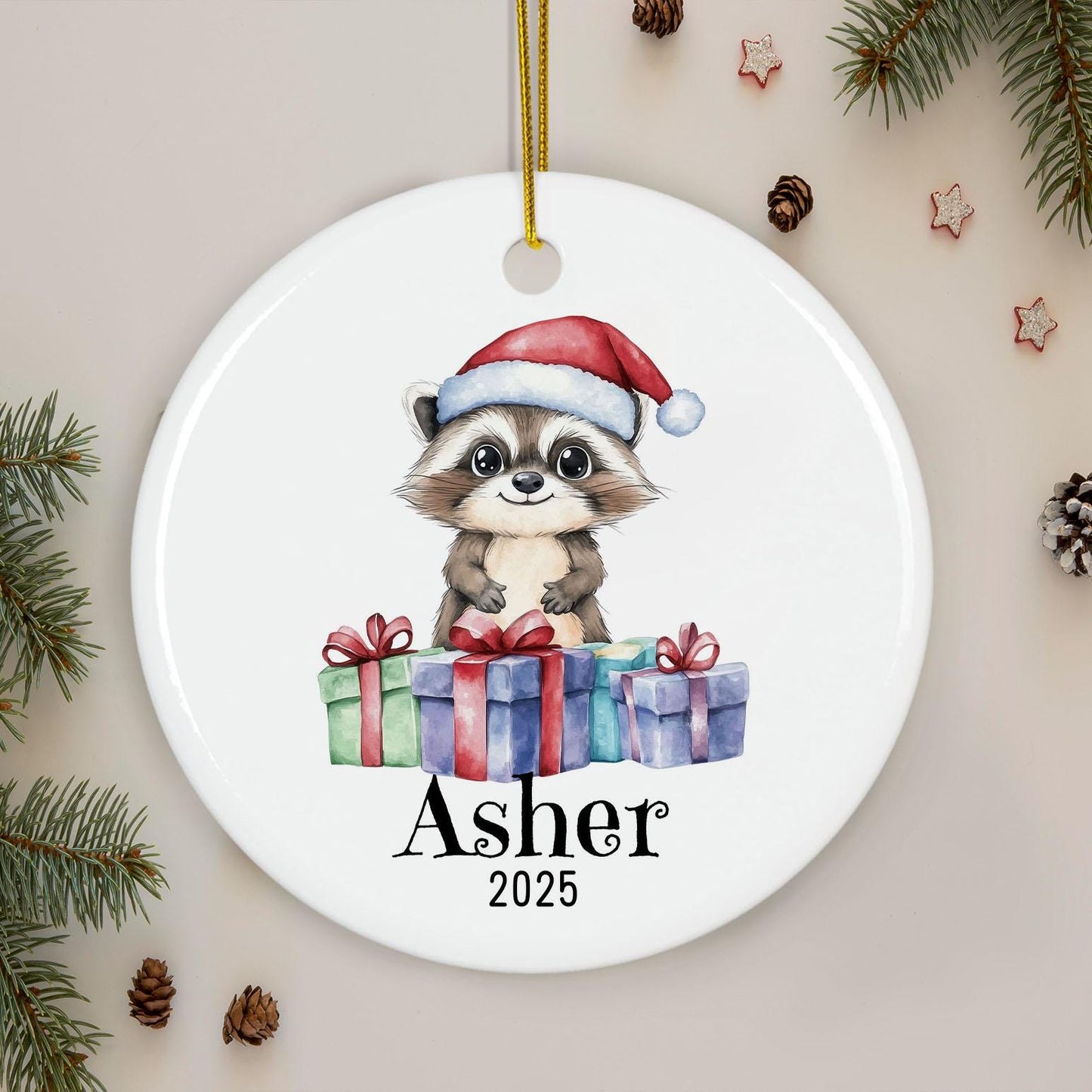 Personalized Raccoon Christmas Ornament, Custom Name Ceramic Keepsake, Kids Holiday Gift, Cute Woodland Animal Decor, Xmas Tree Gift