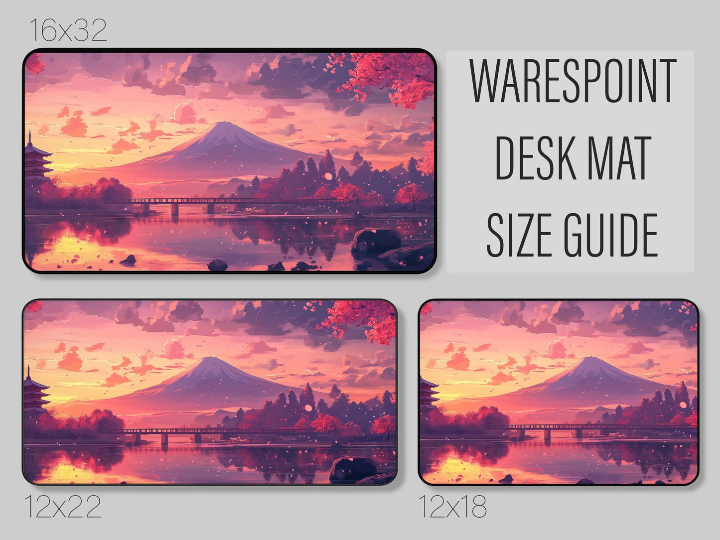 Desk Mat Japanese Sunset | Mt Fuji Cherry Blossom Mouse Pad | Anime Aesthetic Gaming Desk Pad | Pink Purple Landscape Office Accessory