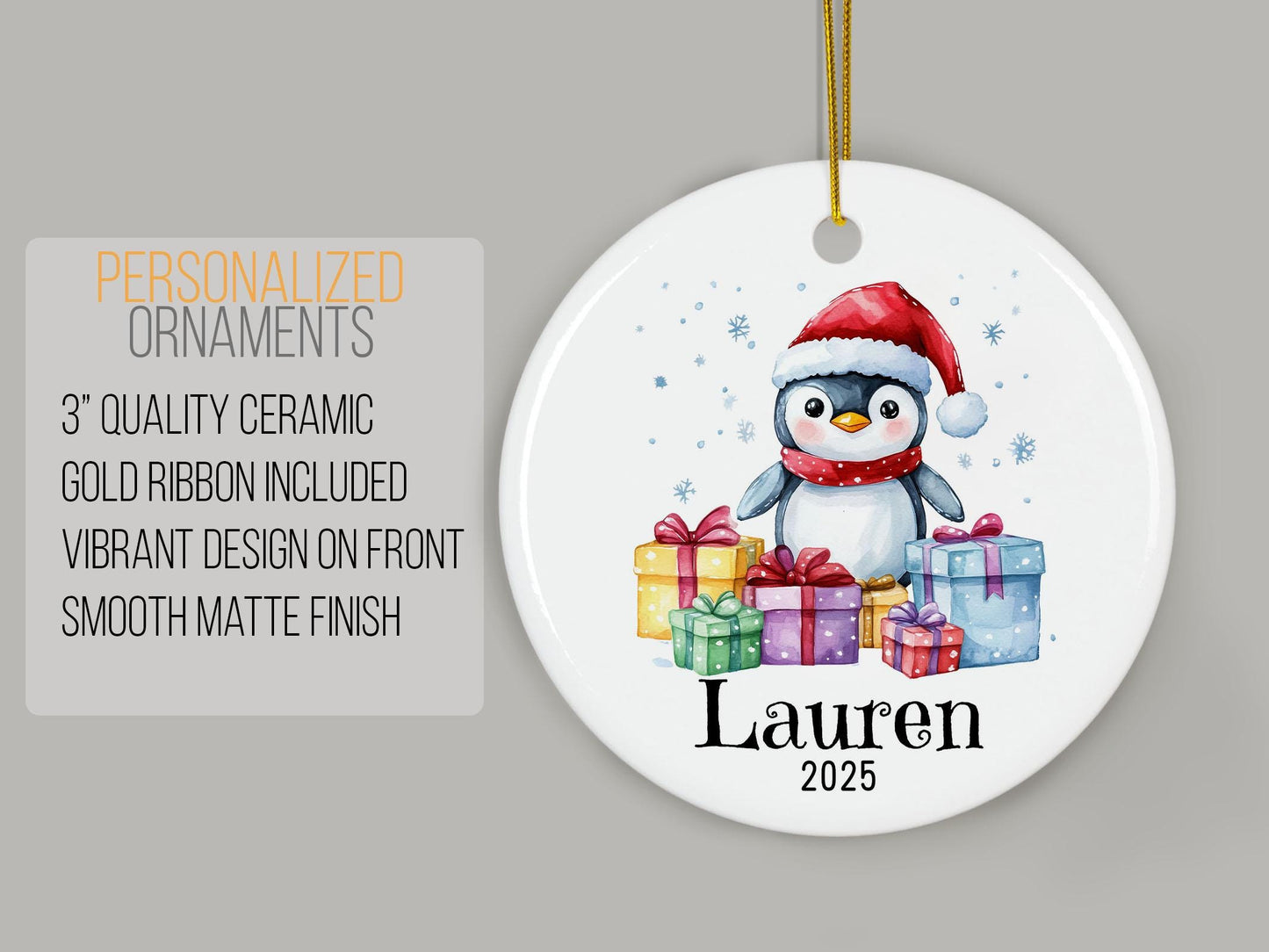 Personalized Penguin Christmas Ornament, Custom Ceramic Holiday Decoration, Cute Winter Keepsake, Kids Name Gift, Xmas Tree Ornament