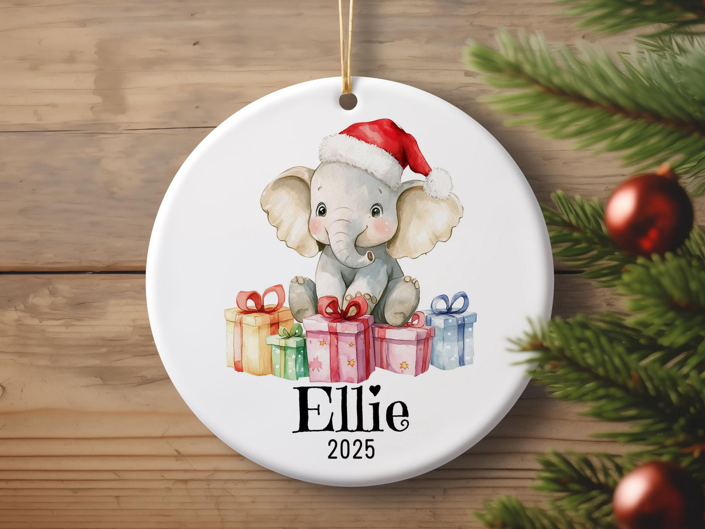 Personalized Elephant Christmas Ornament, Custom Name Ceramic Decoration, Baby's First Xmas Gift, Cute Animal Keepsake, Holiday Decor