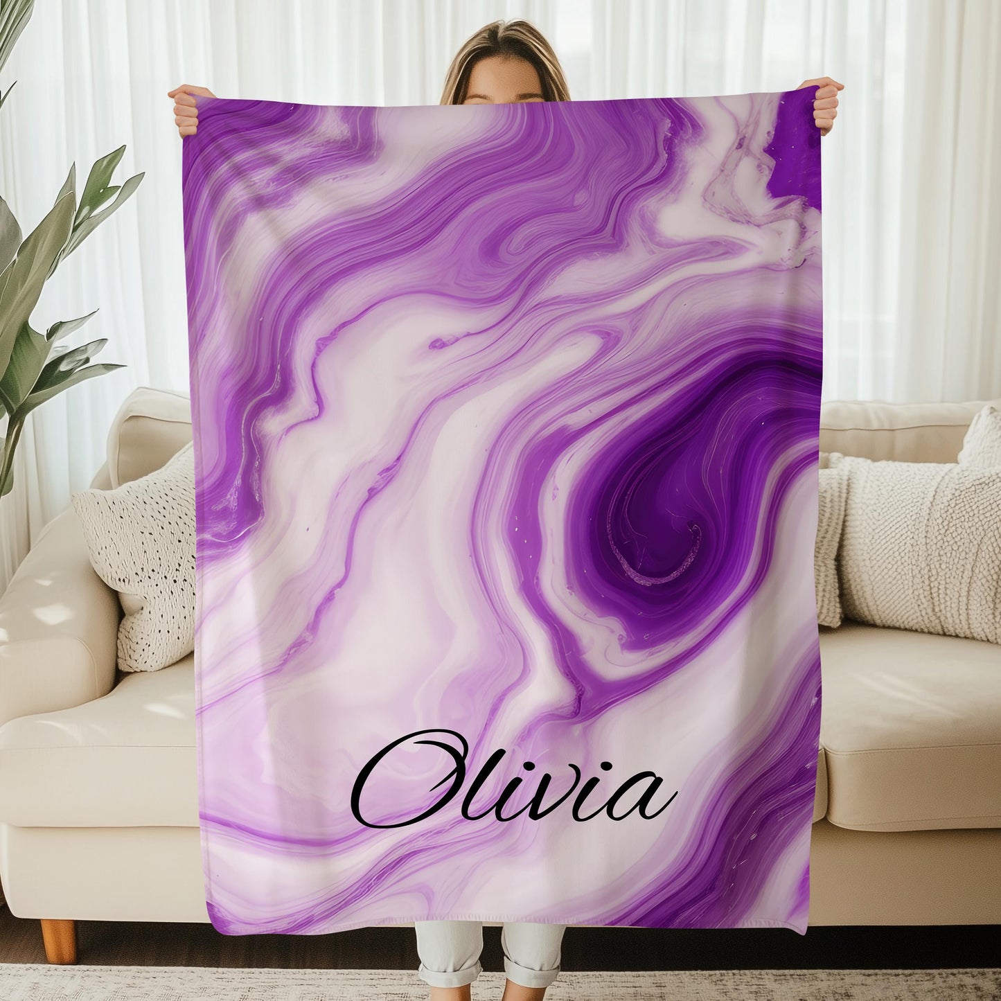 Personalized Blanket | Purple Marble Design | Custom Name Plush Throw | Velveteen Soft Fleece | Dorm Room Decor | Birthday Gift