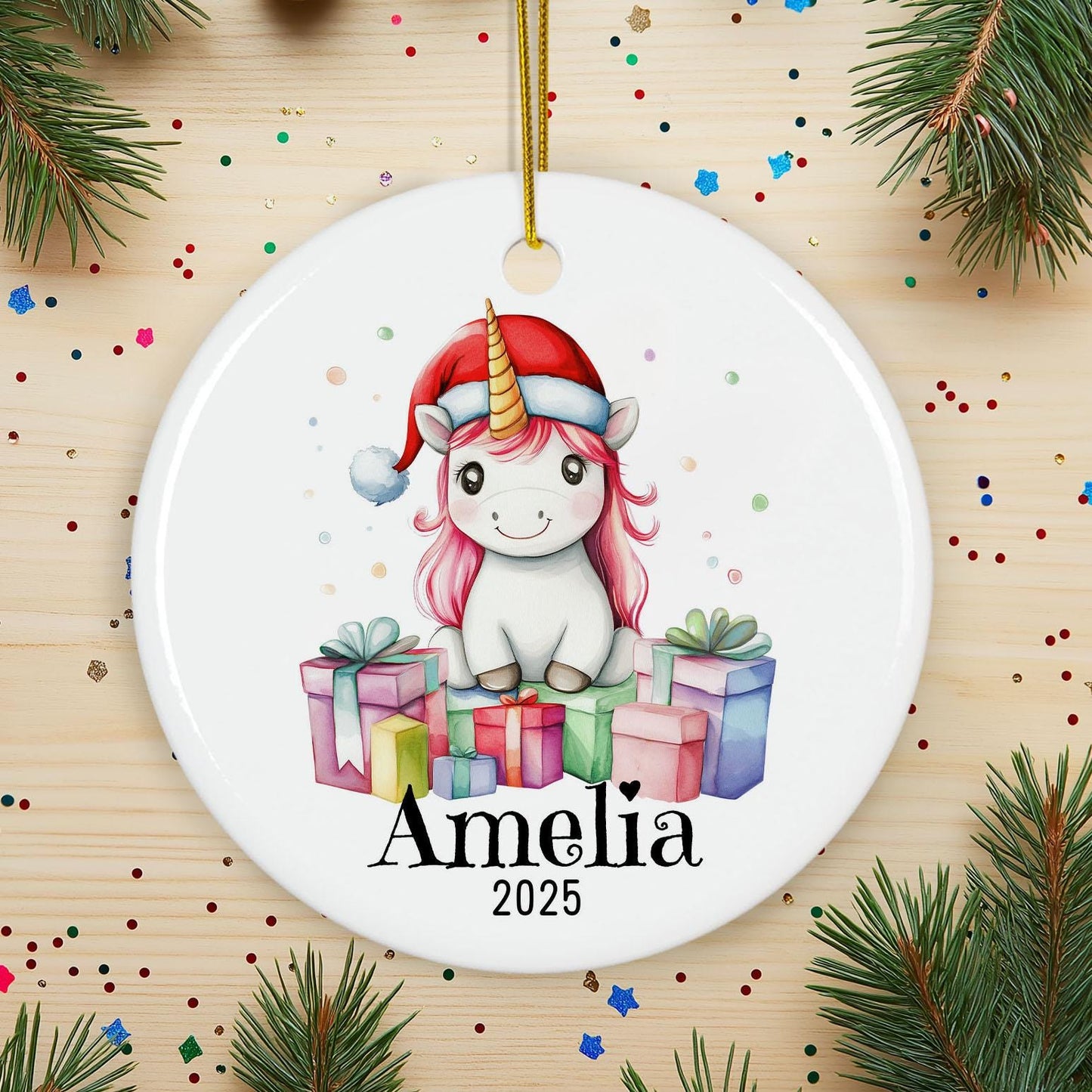 Personalized Unicorn Christmas Ornament, Custom Name Ceramic Keepsake, Girls Holiday Decoration, Baby First Xmas Gift, Magical Decor