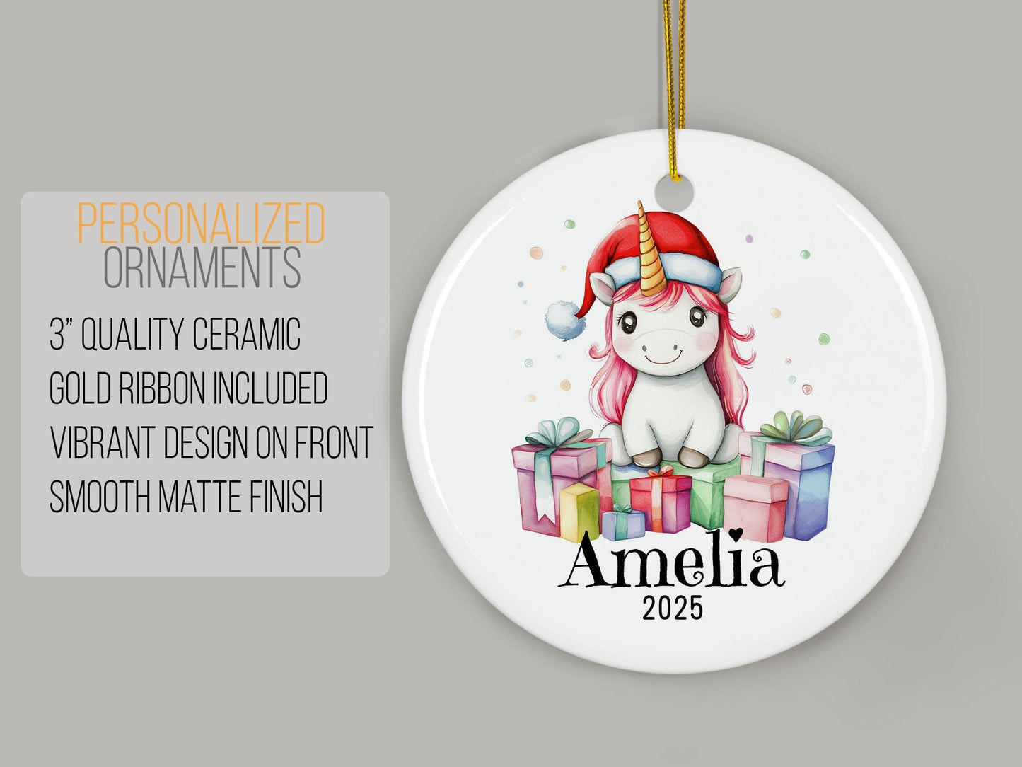 Personalized Unicorn Christmas Ornament, Custom Name Ceramic Keepsake, Girls Holiday Decoration, Baby First Xmas Gift, Magical Decor
