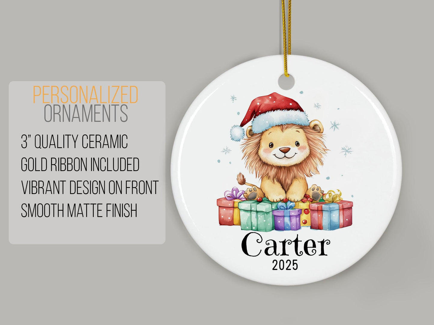 Personalized Lion Christmas Ornament, Custom Ceramic Holiday Keepsake, Kids Name Decoration, Baby First Xmas Gift, Cute Animal Decor