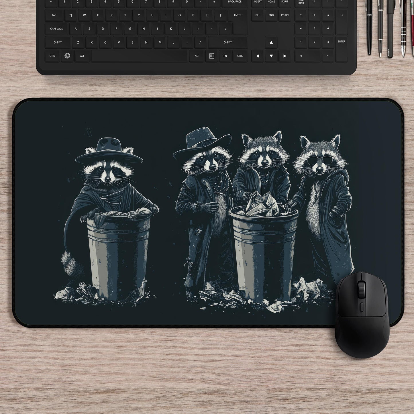 Raccoon Gang Mousepad | Funny Trash Panda Computer Gaming Desk Mat | Raccoons in Coats Art Gift for Gamers | Dark Desk Decor