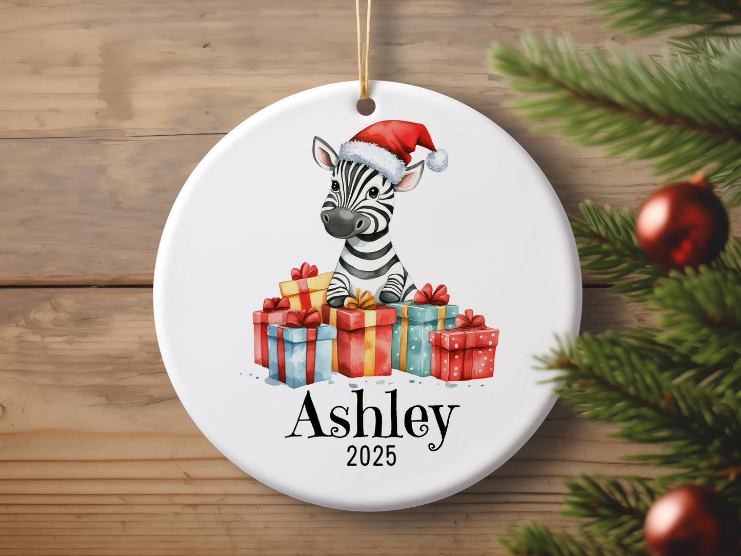Personalized Zebra Christmas Ornament, Custom Name Ceramic Keepsake, Baby First Xmas Decoration, Kids Holiday Gift, Cute Animal Decor