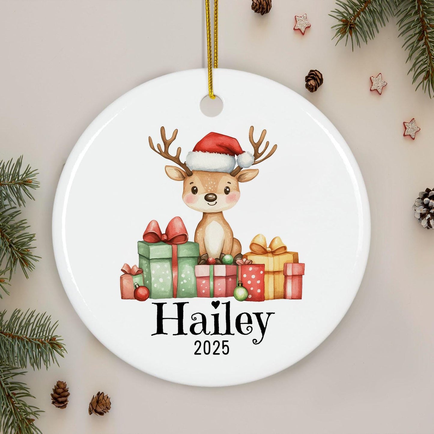 Personalized Reindeer Christmas Ornament, Custom Name Holiday Decoration, Kids Ceramic Keepsake, Baby's First Xmas Gift, Tree Decor