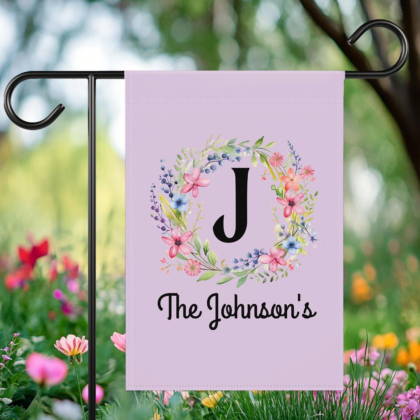 Personalized Garden Flag | Monogram Floral Wreath | Custom Family Name Flag | Spring Summer Yard Decor | Mint Blue Housewarming Gift