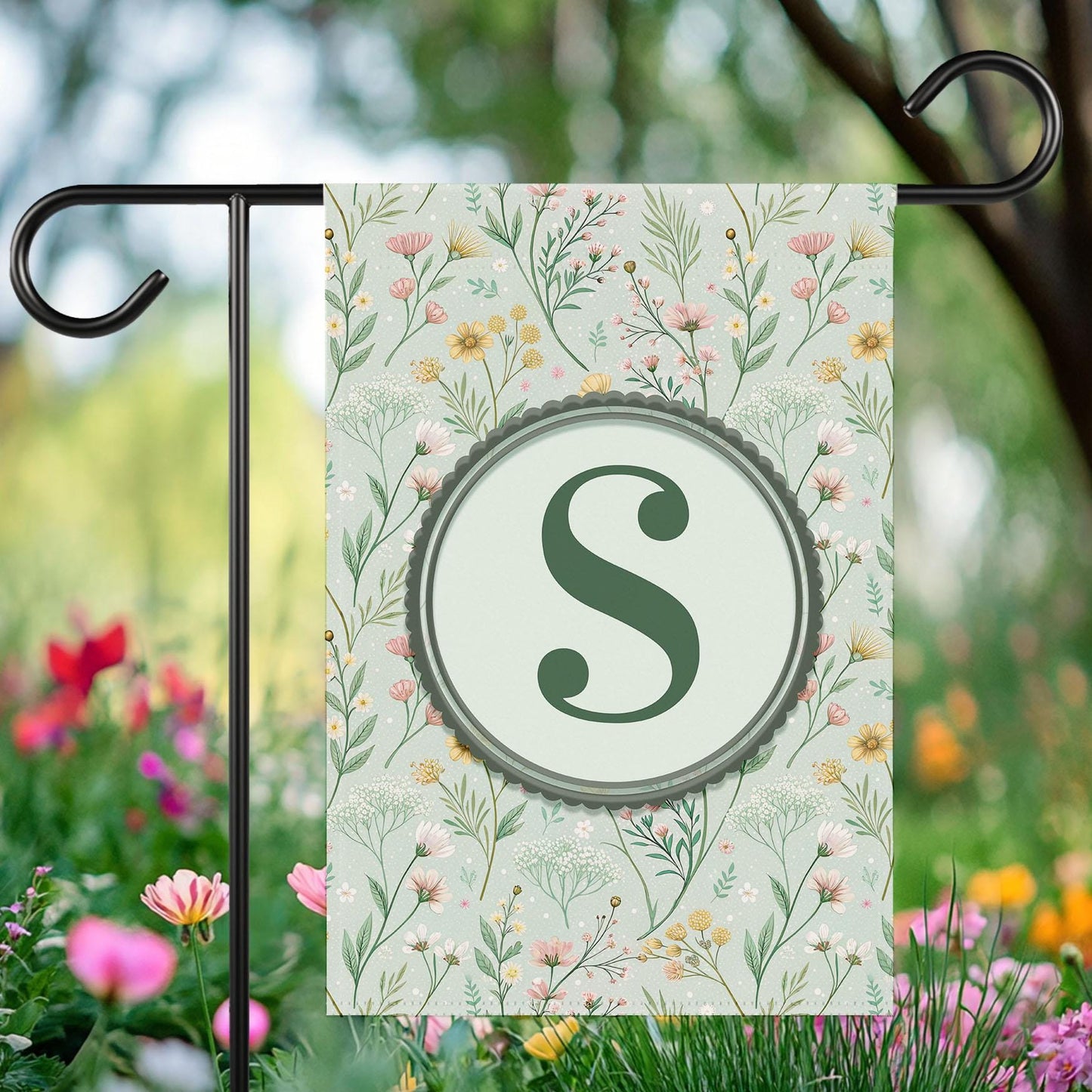 Floral Monogram Garden Flag, Custom Spring Outdoor Flag with Initial, Botanical Yard Decor, Personalized Welcome Sign for Porch or Lawn