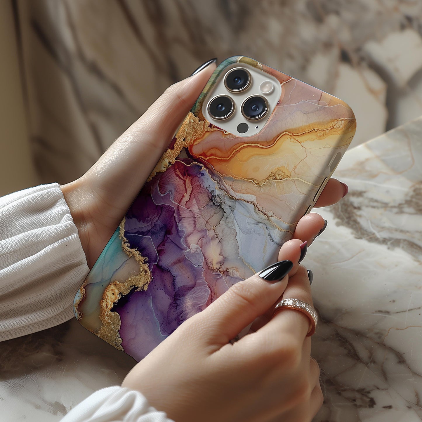 Luxury Sunset Marble iPhone Case | Purple Gold Amber Ink Art | Agate Design | Compatible with iPhone, Samsung Galaxy Tough Case Protection
