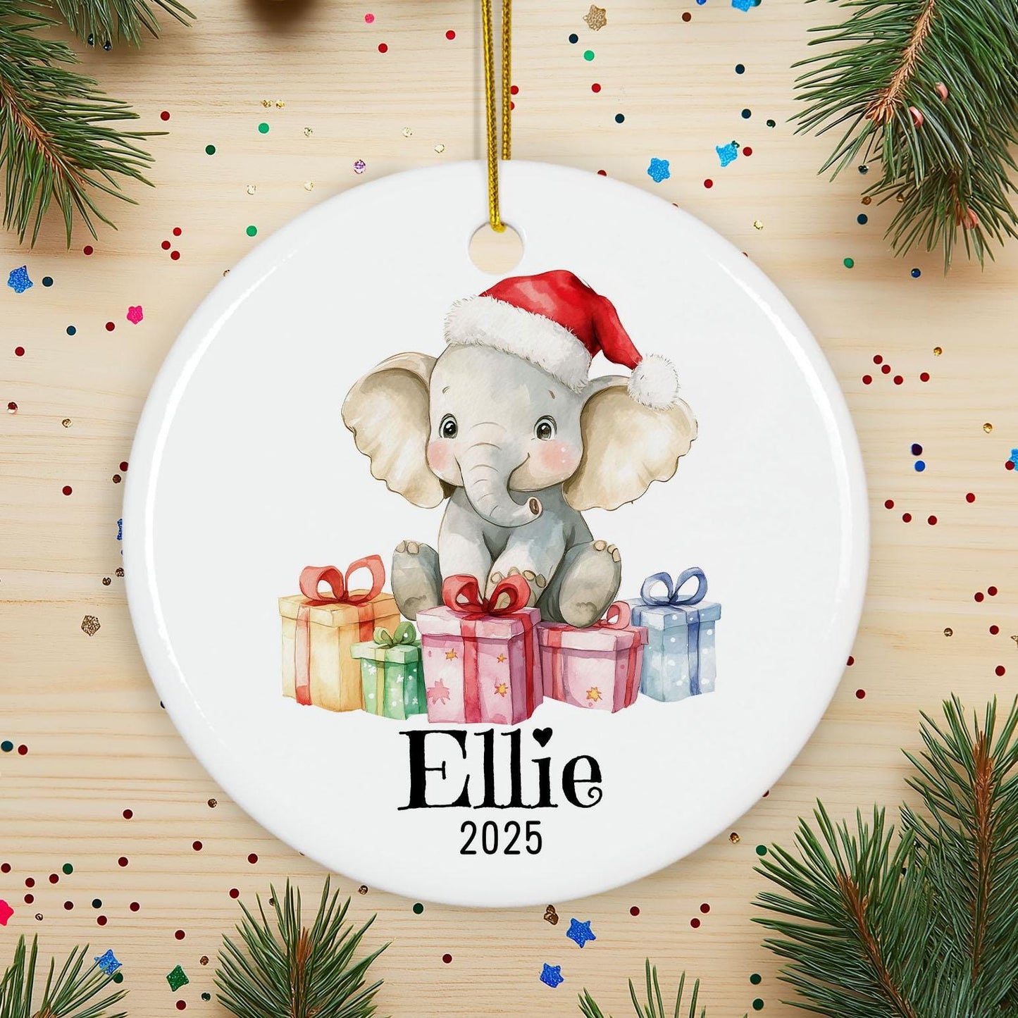 Personalized Elephant Christmas Ornament, Custom Name Ceramic Decoration, Baby's First Xmas Gift, Cute Animal Keepsake, Holiday Decor