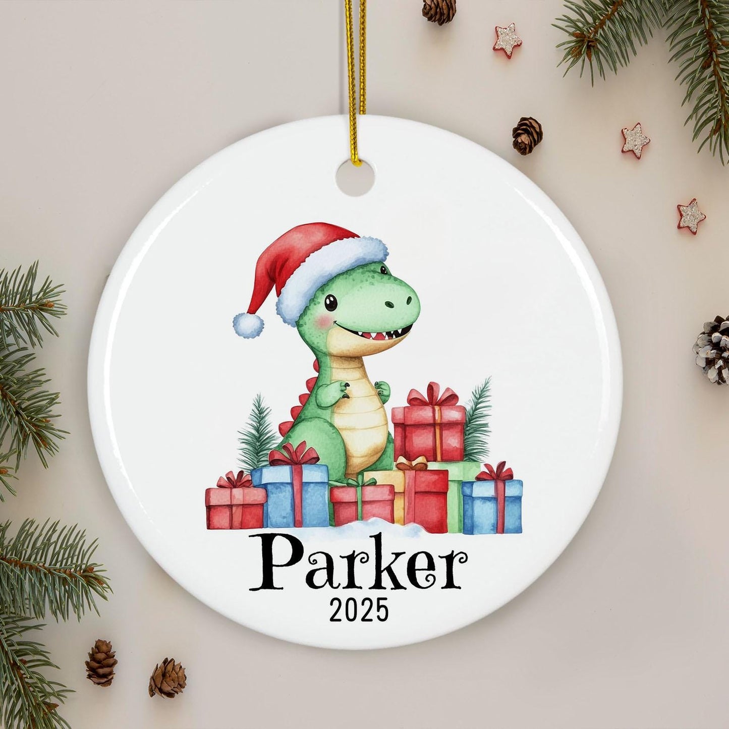 Personalized Dinosaur Christmas Ornament, Custom Name Ceramic Keepsake, Kids Holiday Gift, Baby First Xmas, Cute Dino Tree Decoration