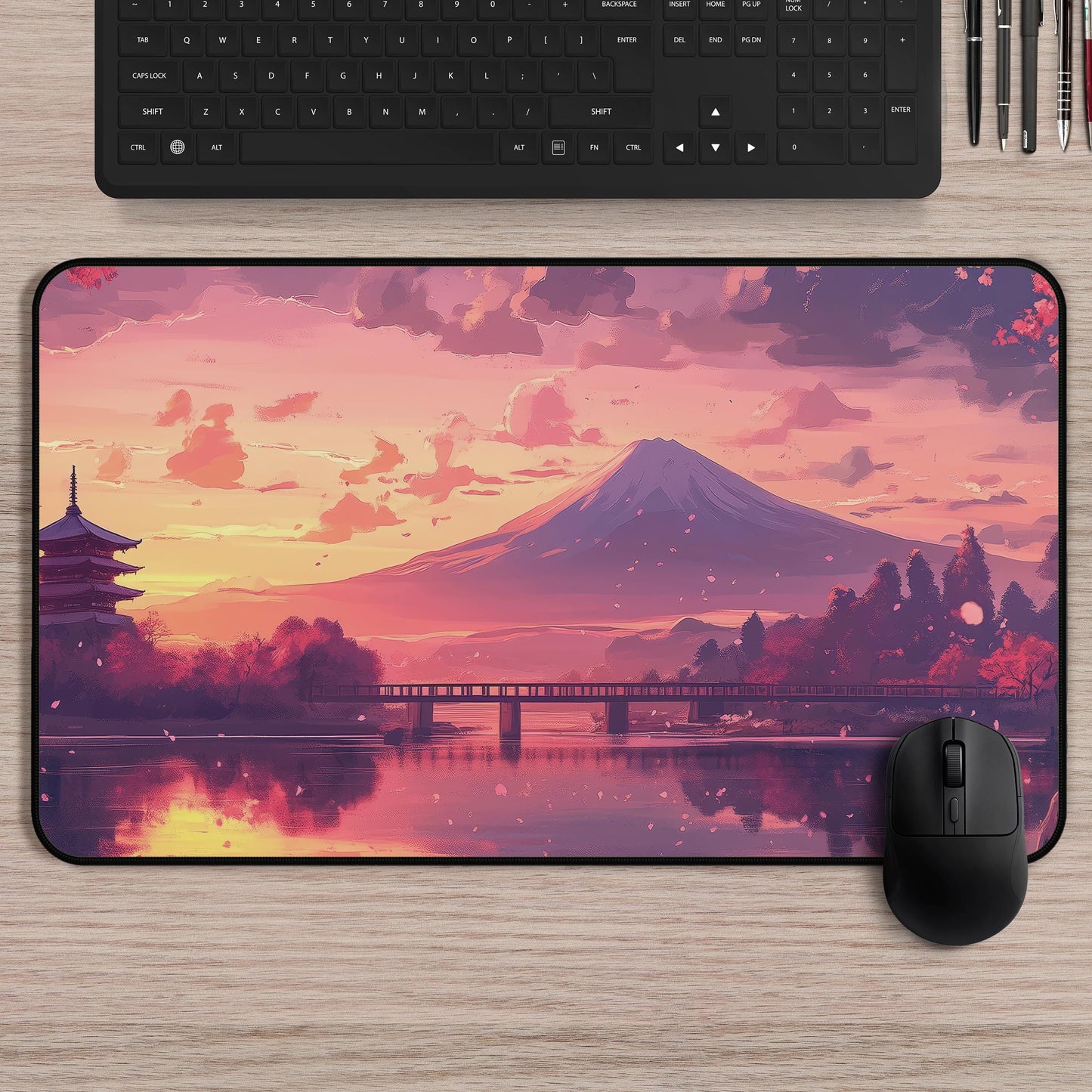 Desk Mat Japanese Sunset | Mt Fuji Cherry Blossom Mouse Pad | Anime Aesthetic Gaming Desk Pad | Pink Purple Landscape Office Accessory