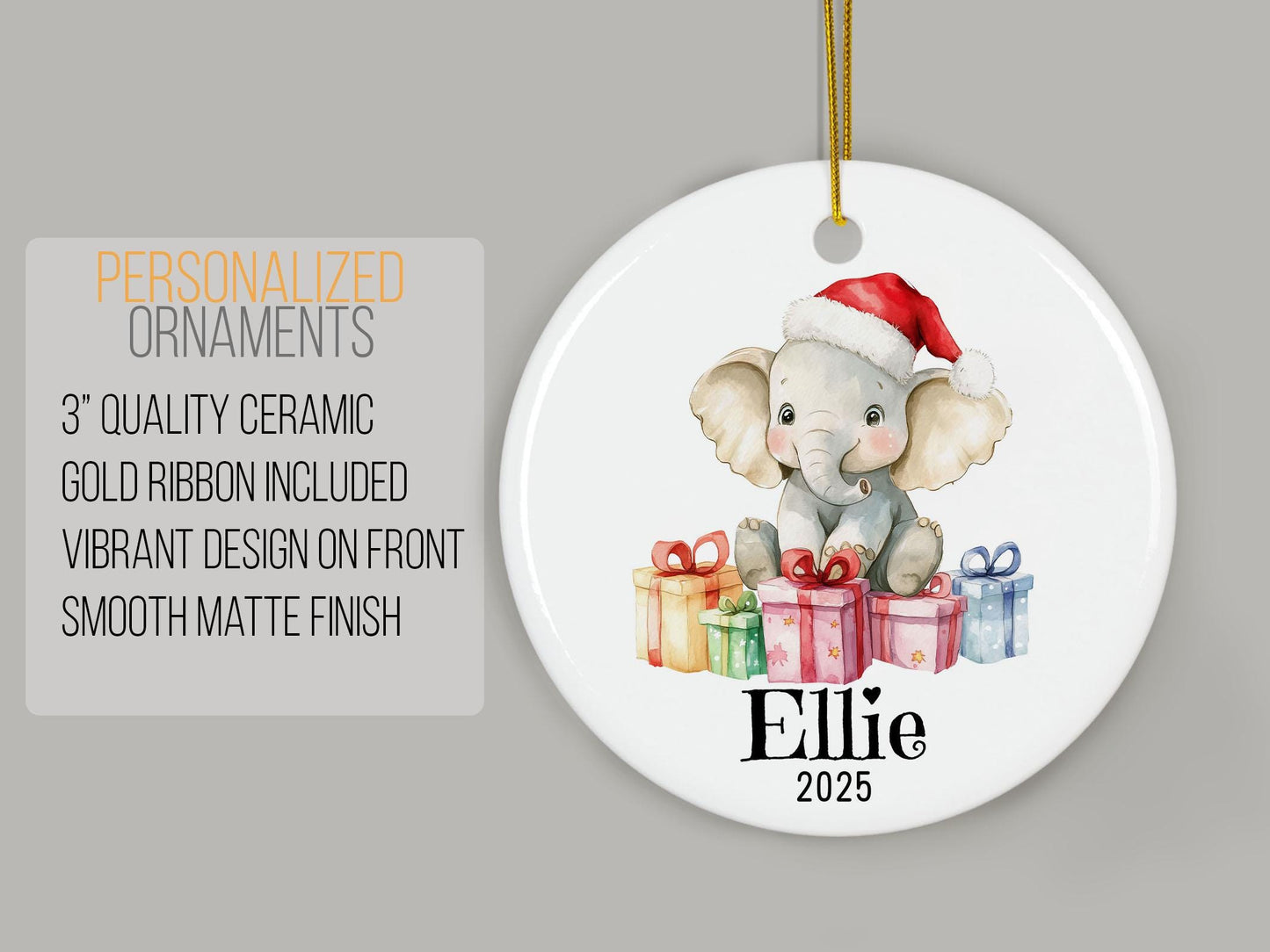 Personalized Elephant Christmas Ornament, Custom Name Ceramic Decoration, Baby's First Xmas Gift, Cute Animal Keepsake, Holiday Decor