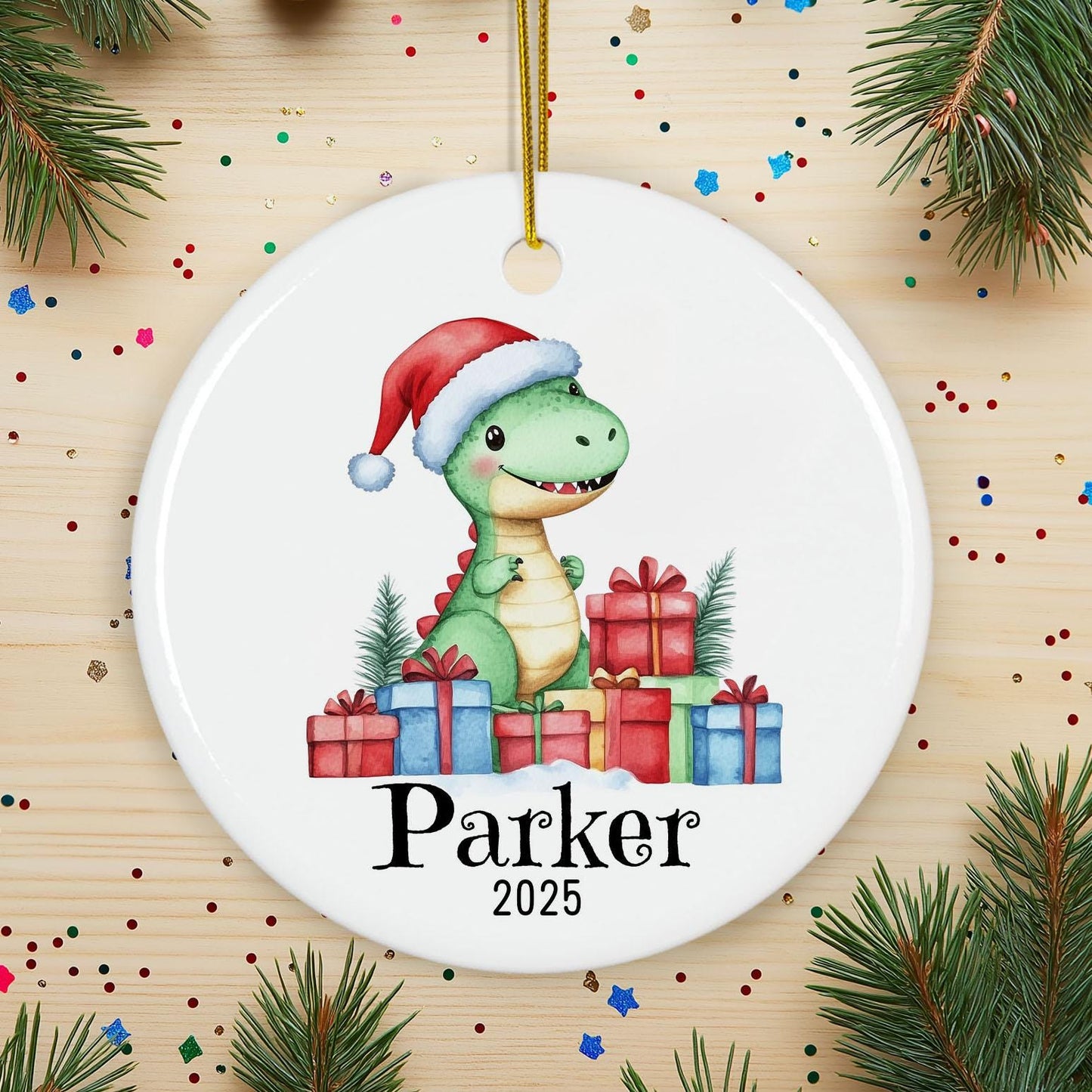 Personalized Dinosaur Christmas Ornament, Custom Name Ceramic Keepsake, Kids Holiday Gift, Baby First Xmas, Cute Dino Tree Decoration