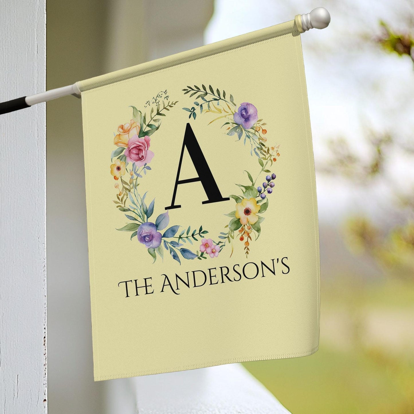 Personalized Garden Flag with Monogram Last Name, Custom Floral Outdoor Decor, Spring Yard Sign, Garden Party Banner, Bridal Shower Sign