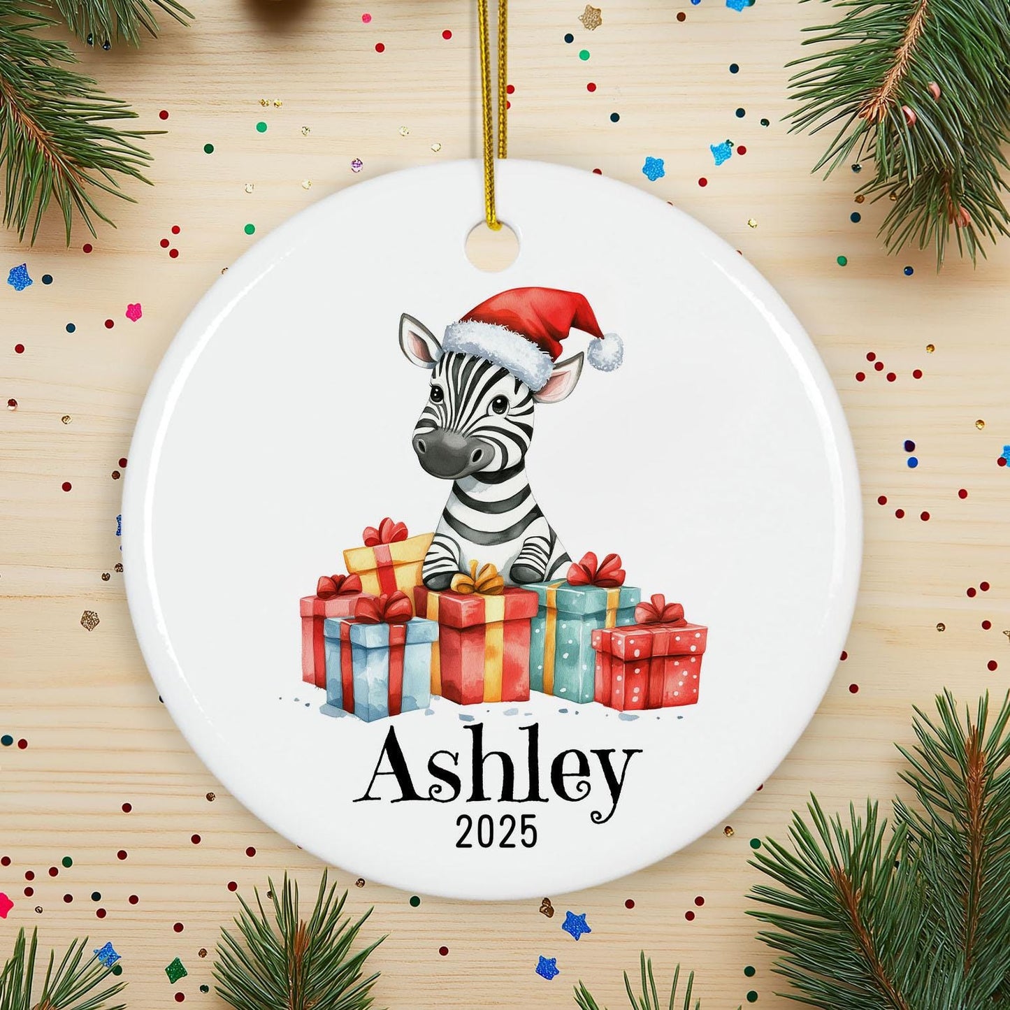 Personalized Zebra Christmas Ornament, Custom Name Ceramic Keepsake, Baby First Xmas Decoration, Kids Holiday Gift, Cute Animal Decor
