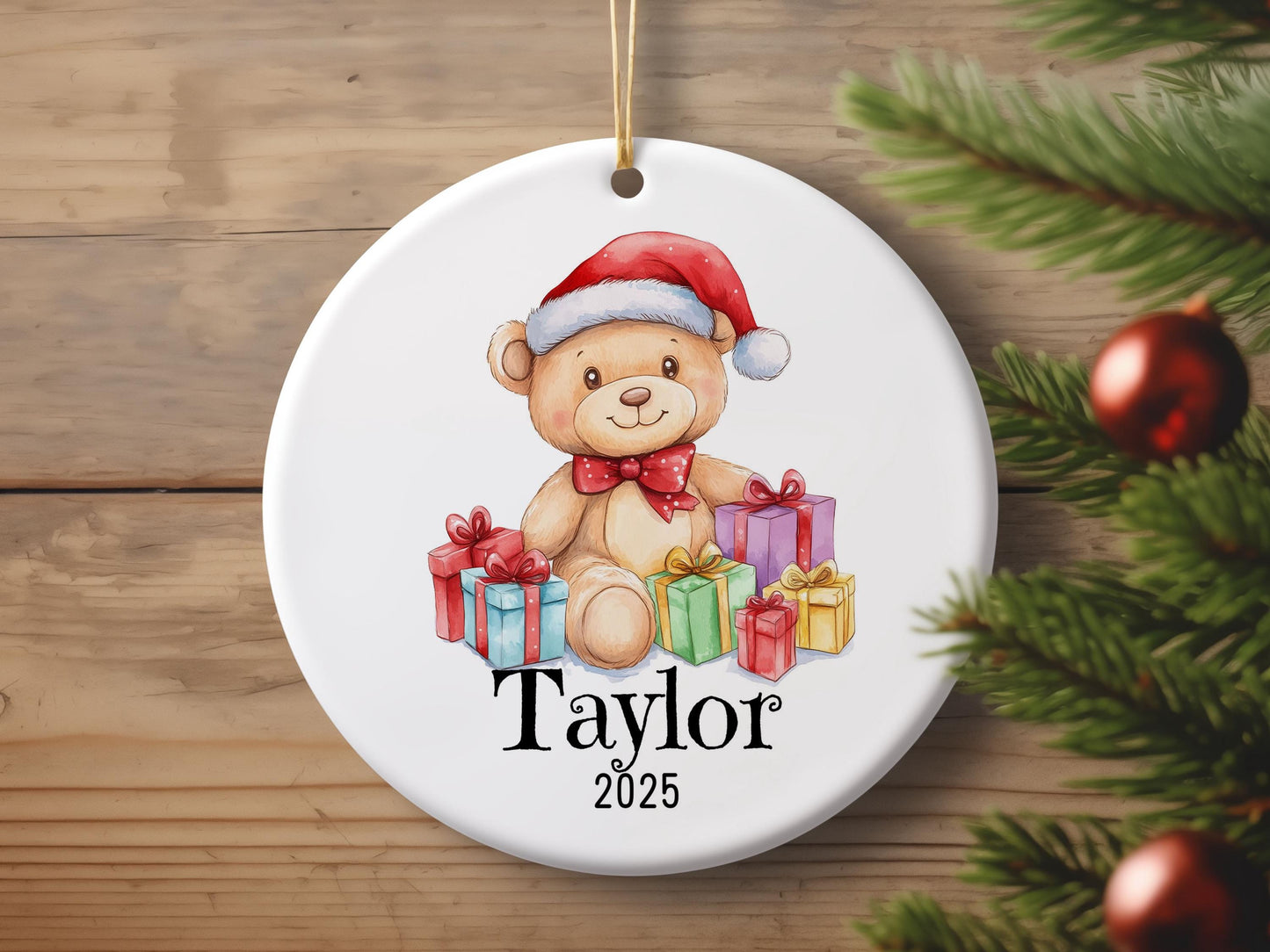 Personalized Teddy Bear Christmas Ornament, Custom Ceramic Holiday Keepsake, Baby First Xmas Gift, Kids Name Decoration, Tree Decor
