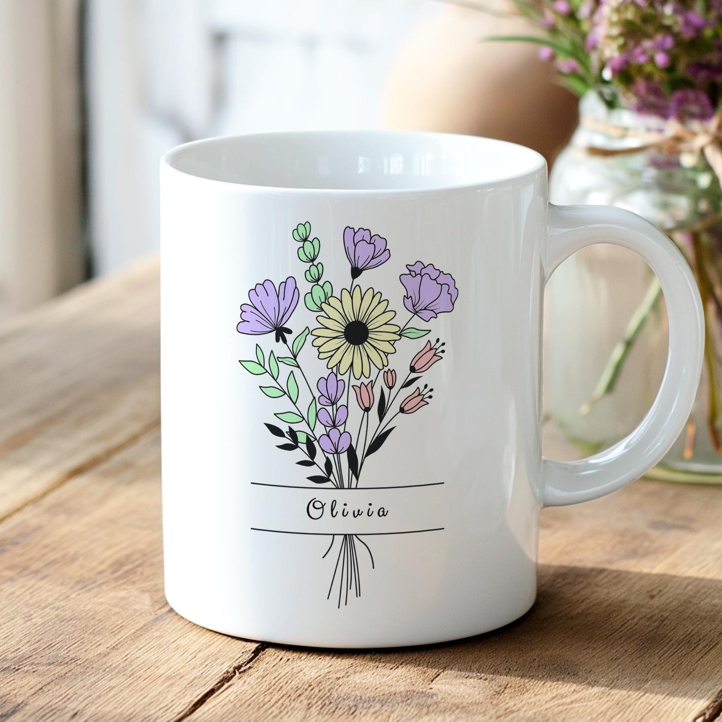 Personalized Flower Name Mug, Custom Name Coffee Mug With Boho Floral Bouquet, Gift for Her, Custom Mug for Women, Birthday Gift, Name Cup