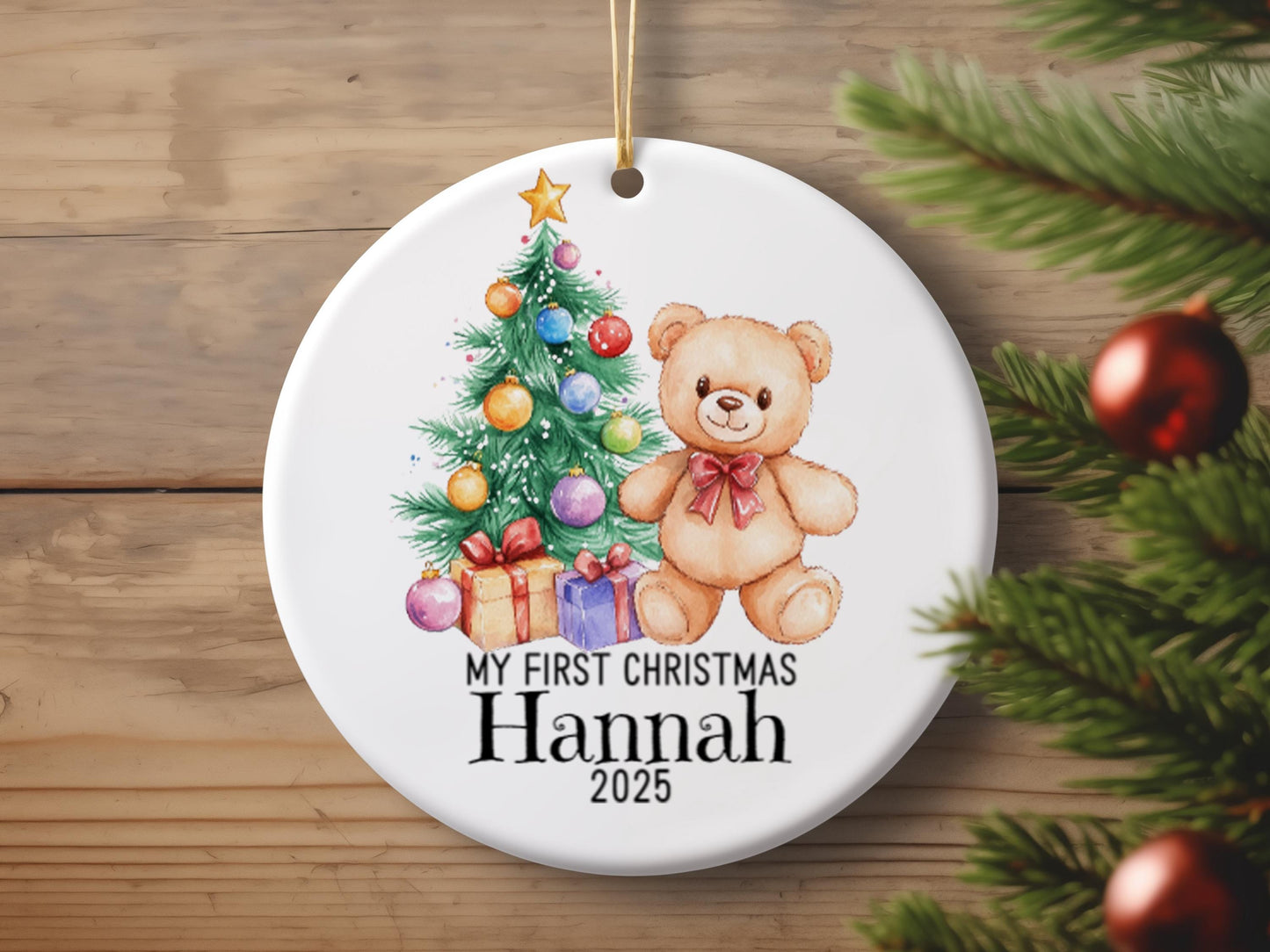Personalized My First Christmas Ornament, Custom Name Teddy Bear & Tree Keepsake, Baby Boy Ceramic Holiday Gift, 2025 Xmas Decoration