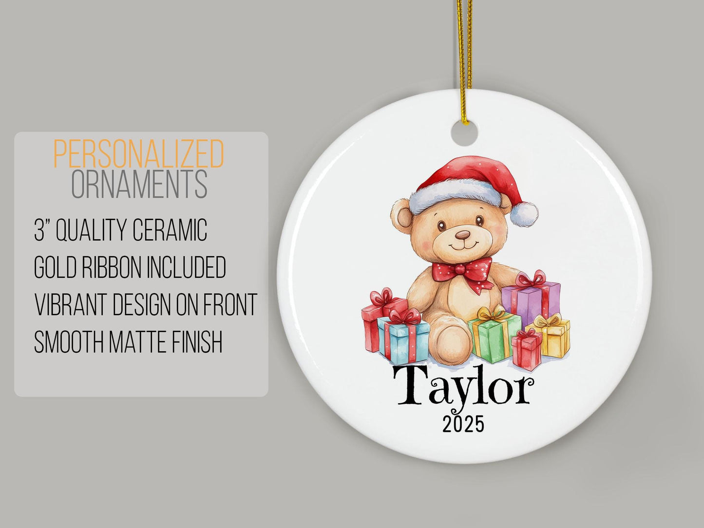 Personalized Teddy Bear Christmas Ornament, Custom Ceramic Holiday Keepsake, Baby First Xmas Gift, Kids Name Decoration, Tree Decor