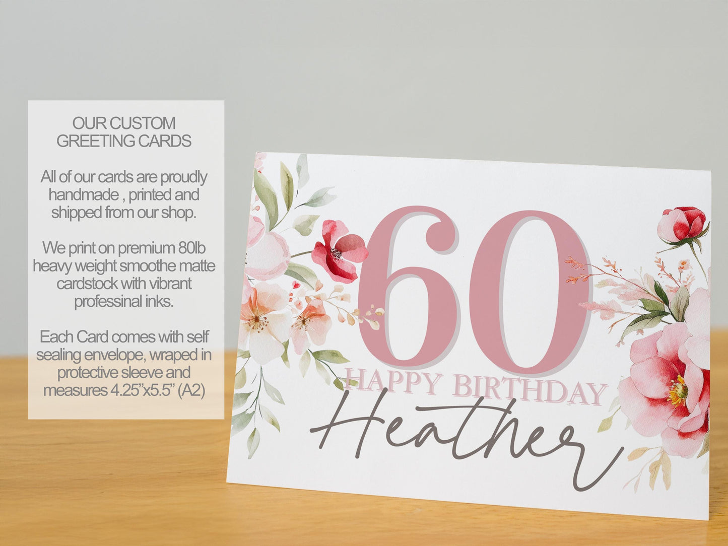 Custom Floral Birthday Card for Women, Personalized Age & Name, Elegant Handmade A2 Card, Pink Watercolor Flowers, Blank Inside