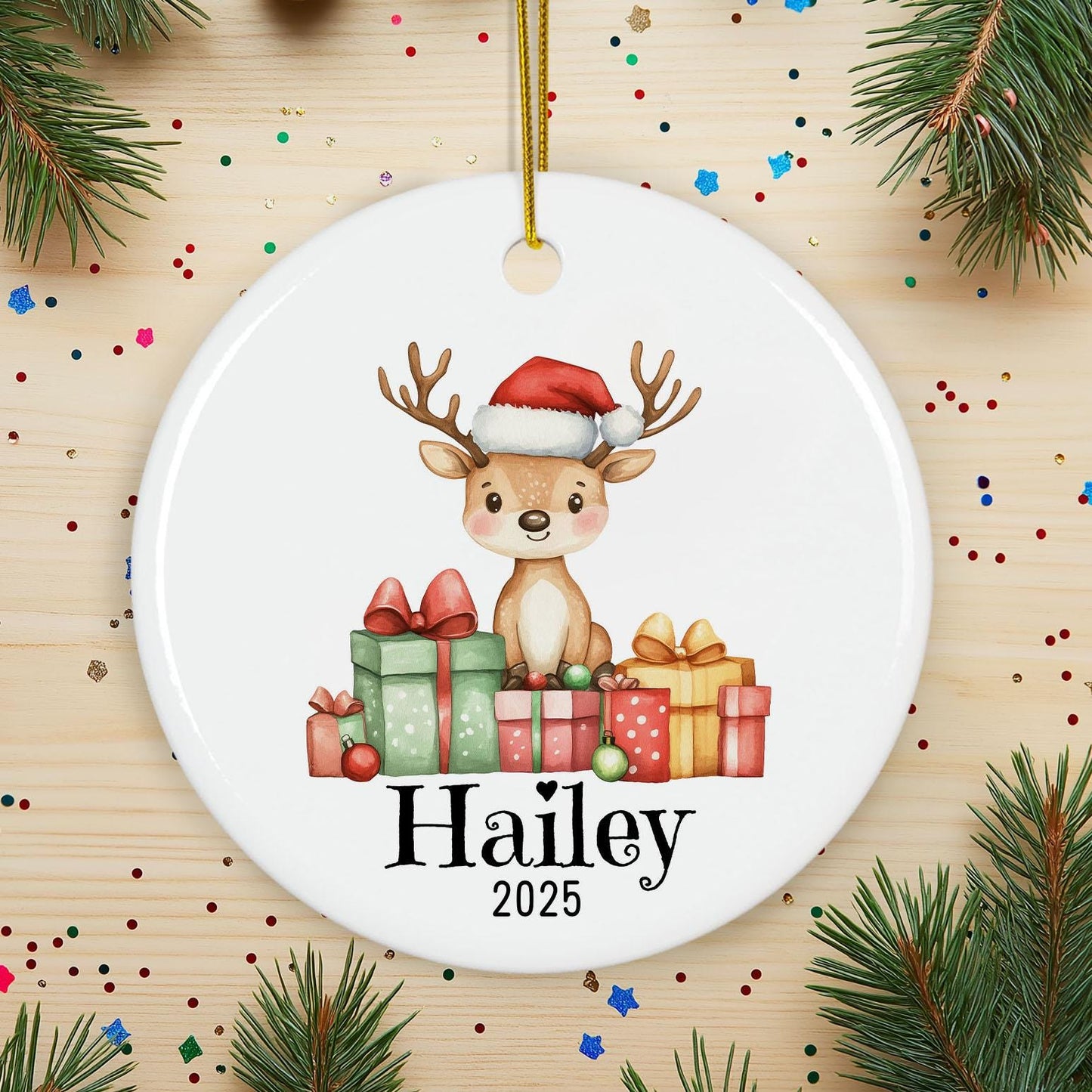 Personalized Reindeer Christmas Ornament, Custom Name Holiday Decoration, Kids Ceramic Keepsake, Baby's First Xmas Gift, Tree Decor