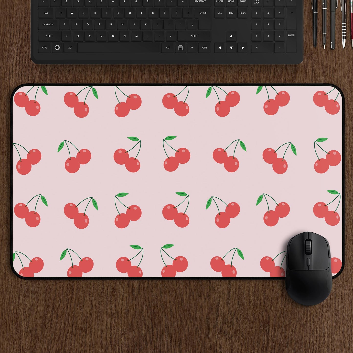 Cute Pink Cherry Mousepad, Red Cherries Gaming Mat, Cute Pink Desk Mat, Large Pink Mouse Pad, Women's Gaming Mats, Cherry Office Decor