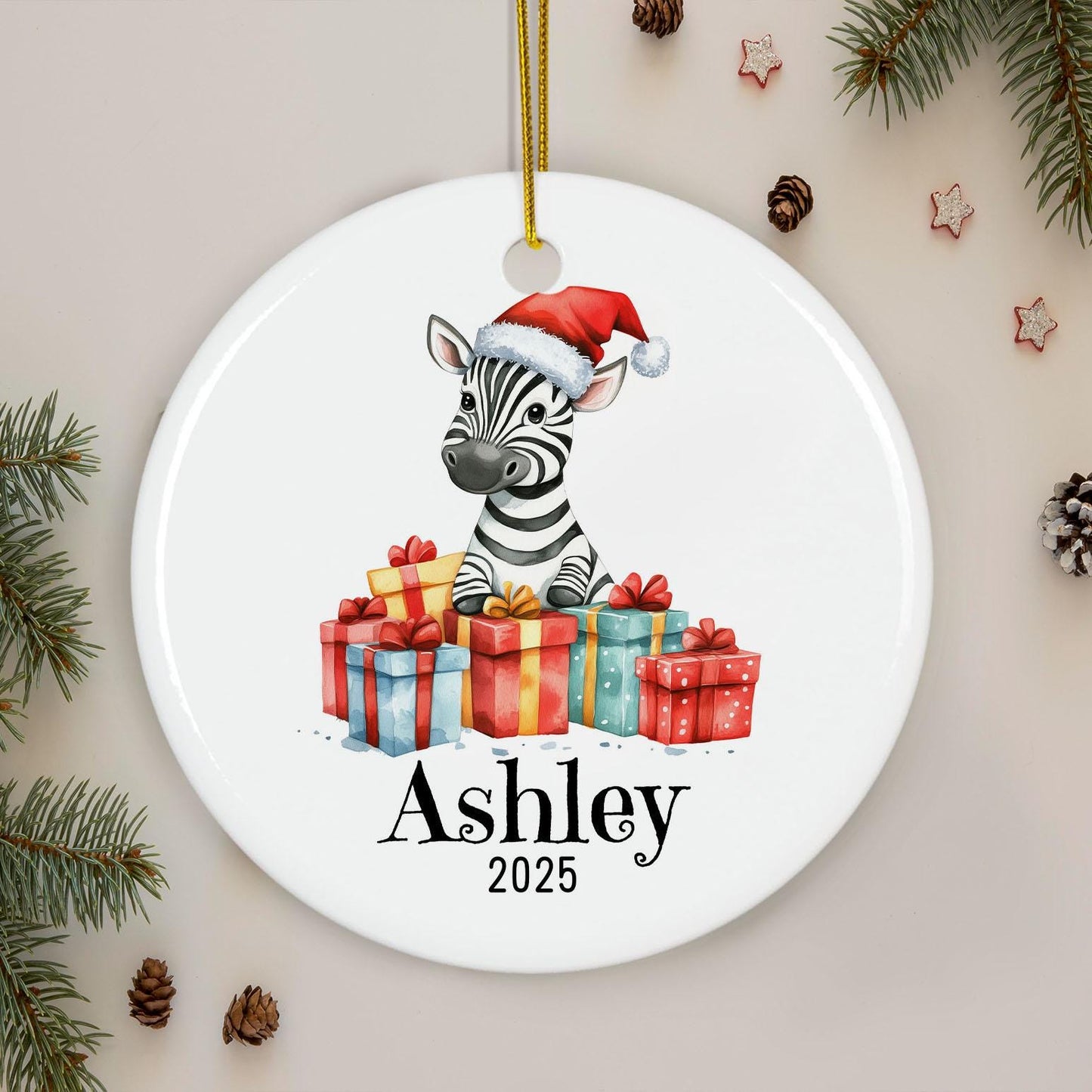 Personalized Zebra Christmas Ornament, Custom Name Ceramic Keepsake, Baby First Xmas Decoration, Kids Holiday Gift, Cute Animal Decor