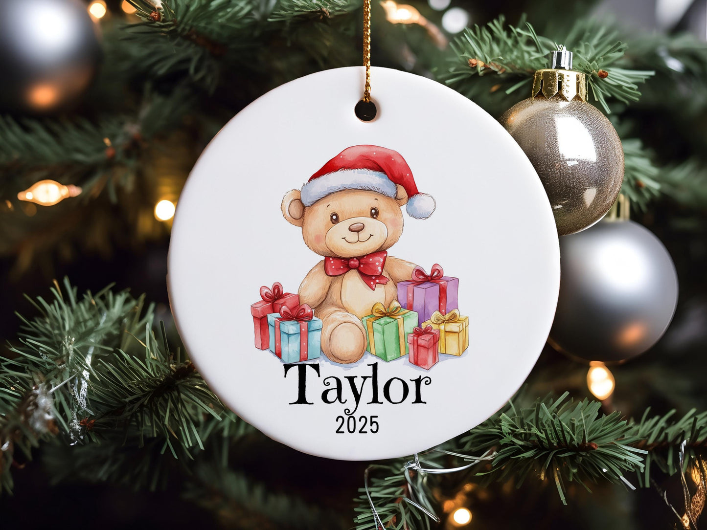 Personalized Teddy Bear Christmas Ornament, Custom Ceramic Holiday Keepsake, Baby First Xmas Gift, Kids Name Decoration, Tree Decor