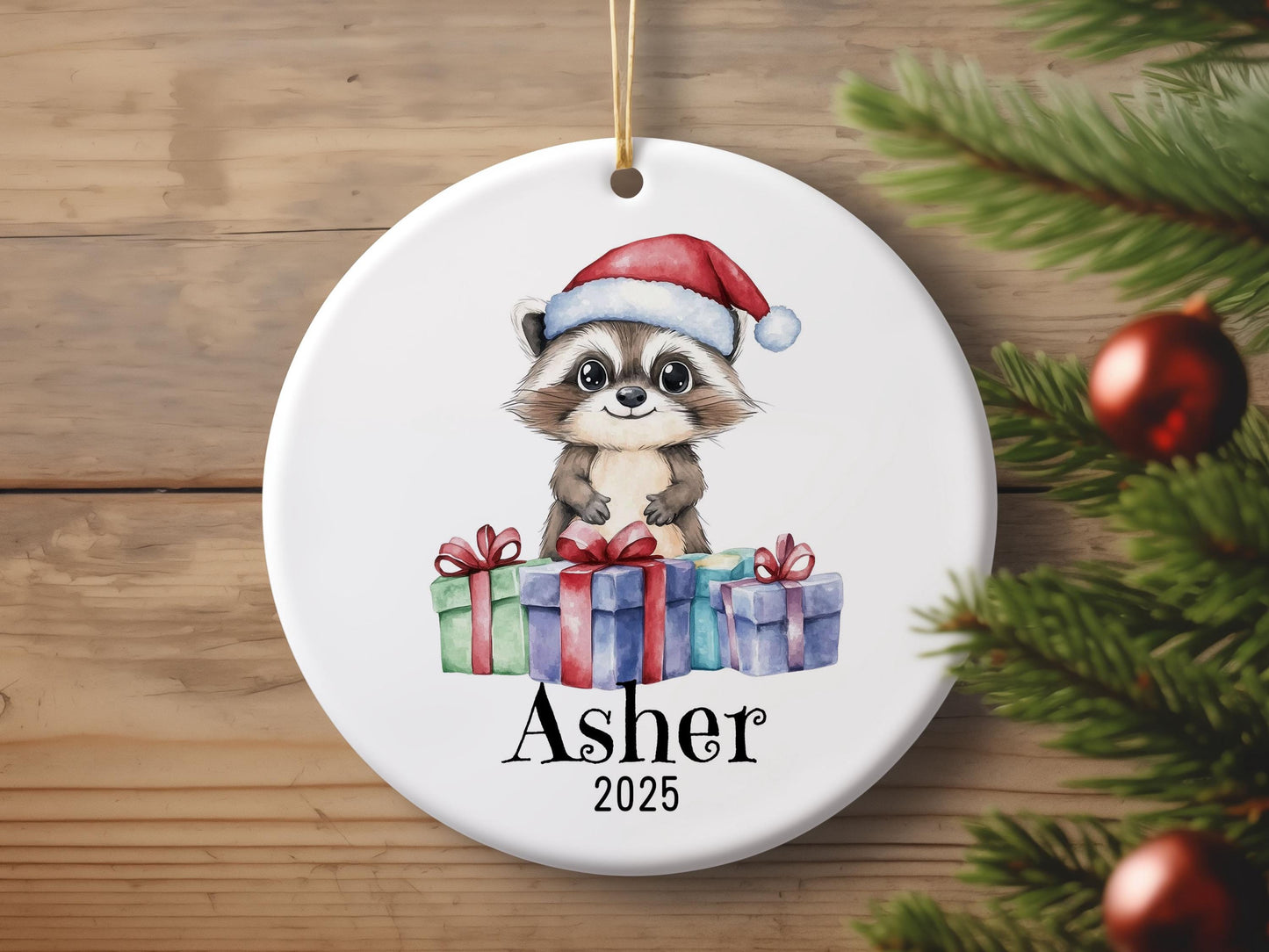 Personalized Raccoon Christmas Ornament, Custom Name Ceramic Keepsake, Kids Holiday Gift, Cute Woodland Animal Decor, Xmas Tree Gift