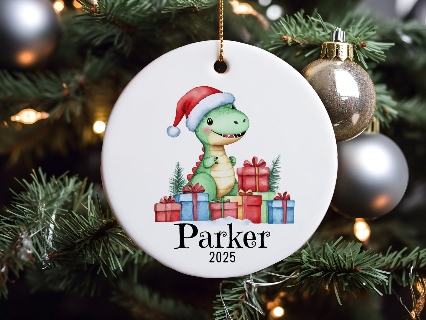 Personalized Dinosaur Christmas Ornament, Custom Name Ceramic Keepsake, Kids Holiday Gift, Baby First Xmas, Cute Dino Tree Decoration