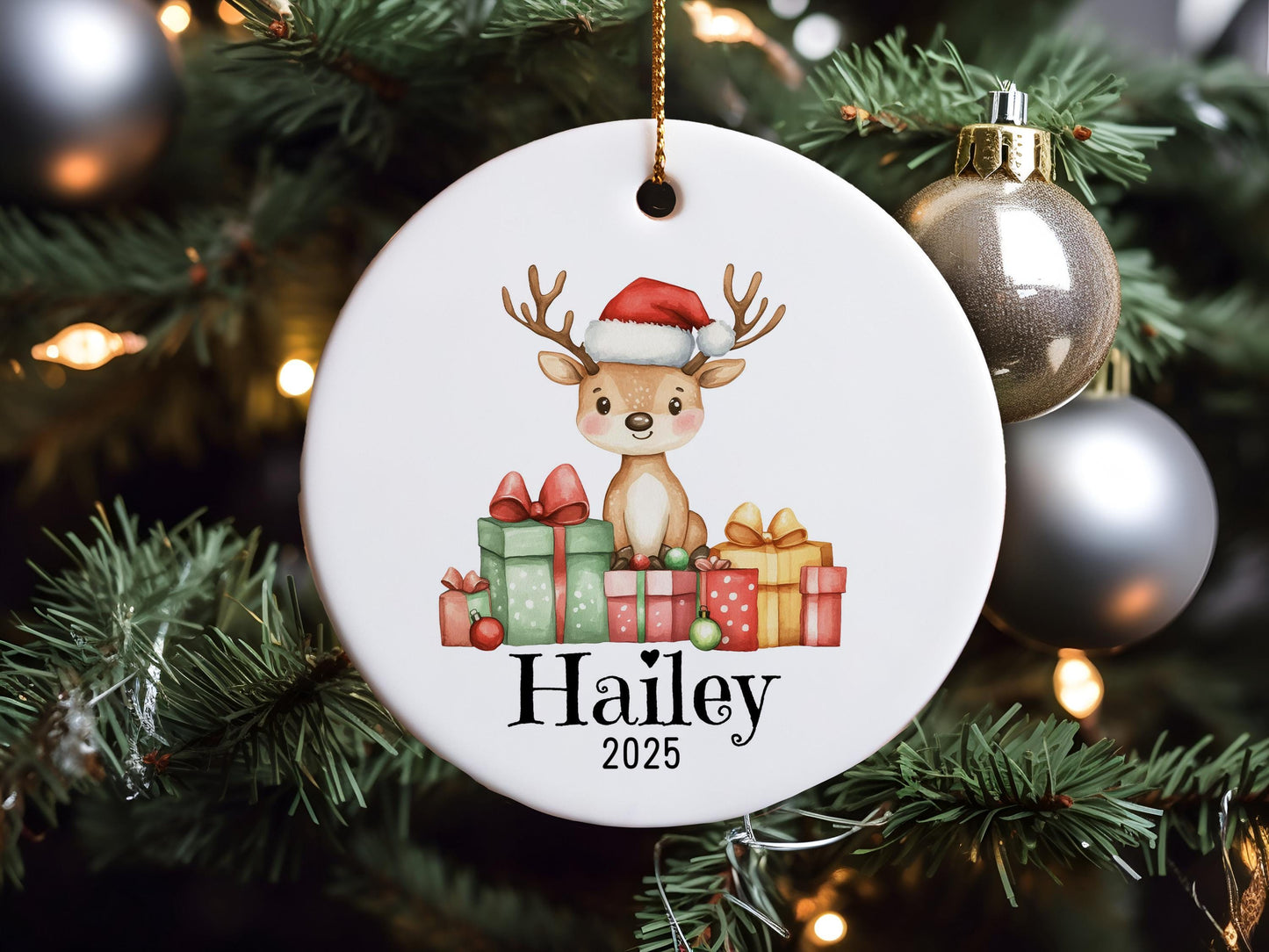 Personalized Reindeer Christmas Ornament, Custom Name Holiday Decoration, Kids Ceramic Keepsake, Baby's First Xmas Gift, Tree Decor