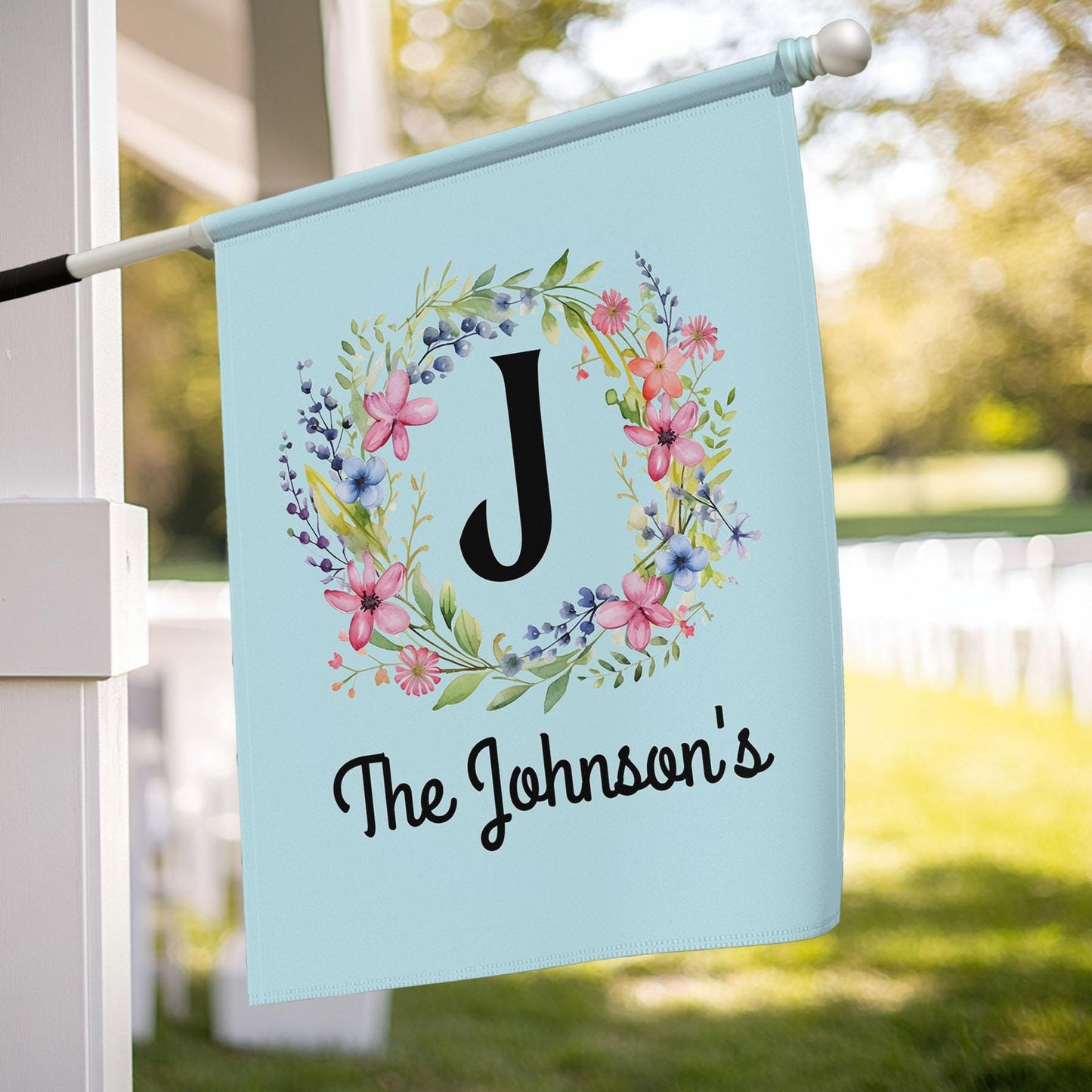 Personalized Garden Flag | Monogram Floral Wreath | Custom Family Name Flag | Spring Summer Yard Decor | Mint Blue Housewarming Gift