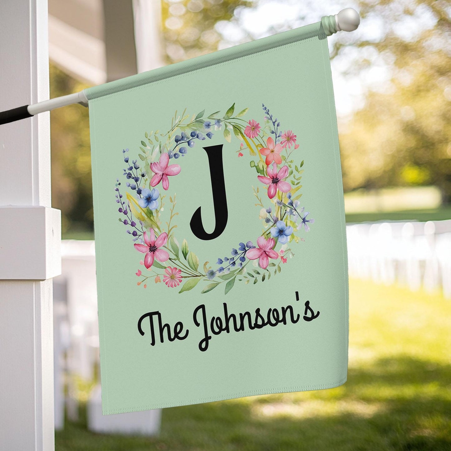 Personalized Garden Flag | Monogram Floral Wreath | Custom Family Name Flag | Spring Summer Yard Decor | Mint Blue Housewarming Gift