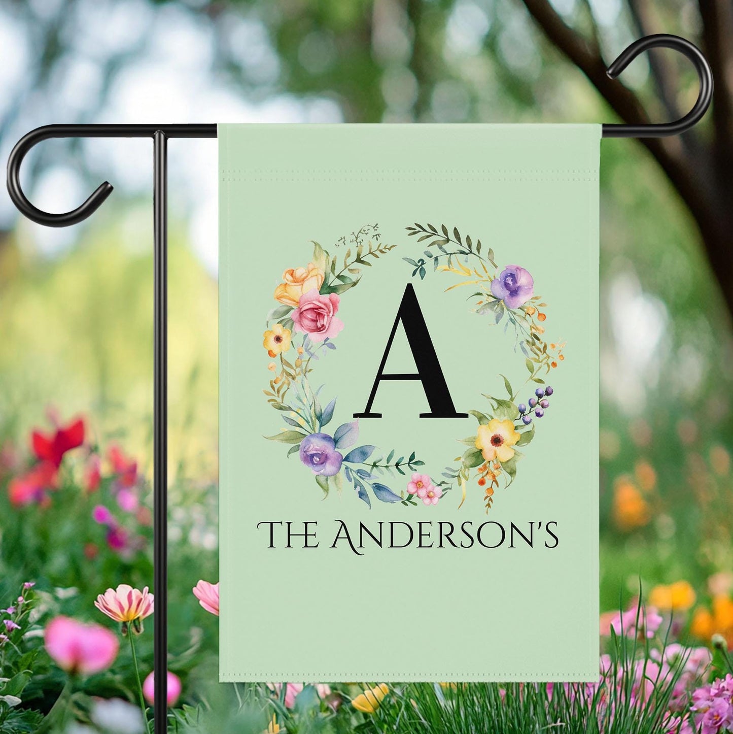 Personalized Garden Flag with Monogram Last Name, Custom Floral Outdoor Decor, Spring Yard Sign, Garden Party Banner, Bridal Shower Sign