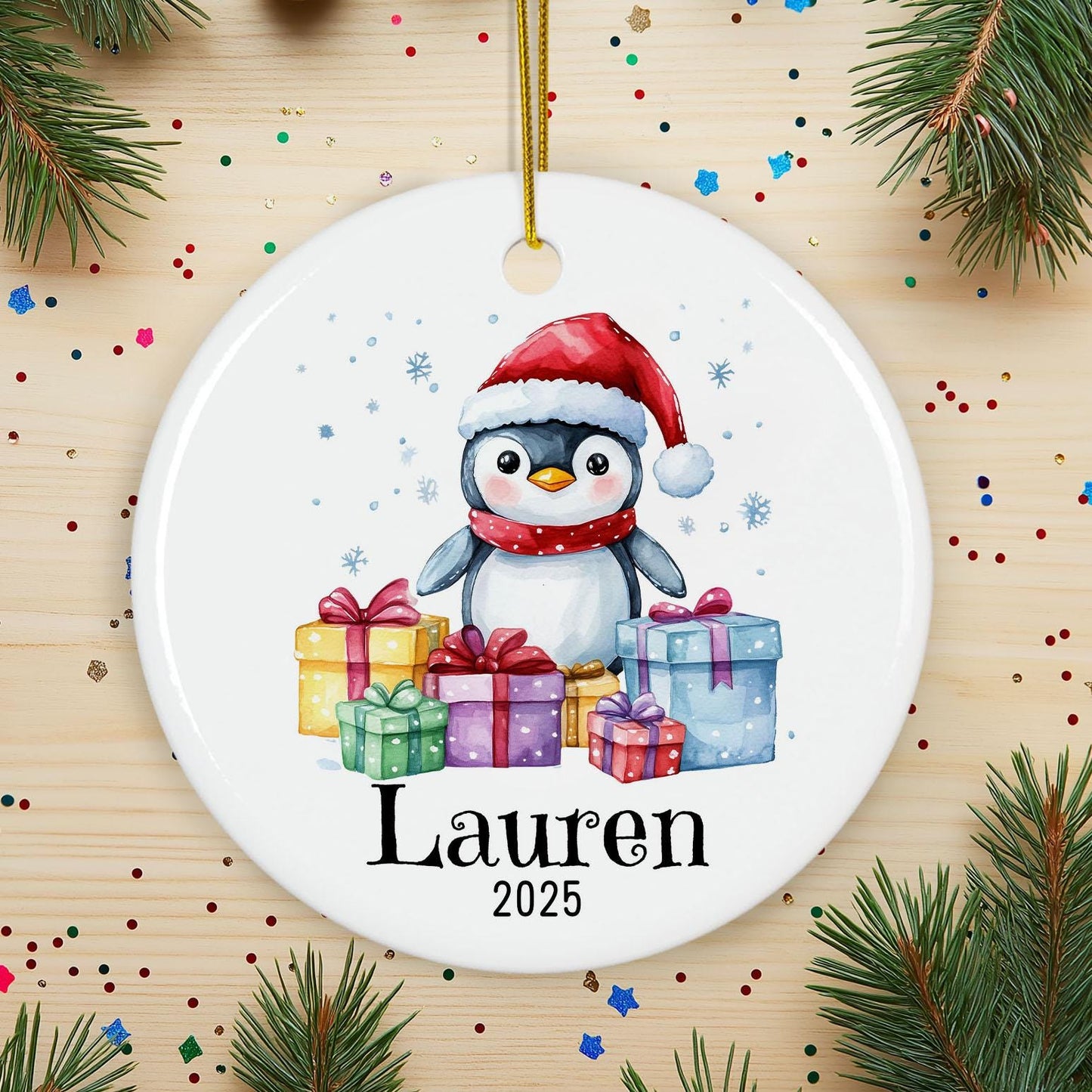 Personalized Penguin Christmas Ornament, Custom Ceramic Holiday Decoration, Cute Winter Keepsake, Kids Name Gift, Xmas Tree Ornament