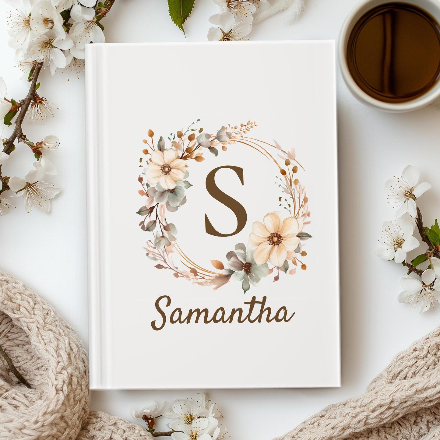 Personalized Boho Floral Monogram Journal, Custom Hardcover Notebook, Elegant Flower Diary, Bridesmaid Gift, Mothers Day Gift for Her