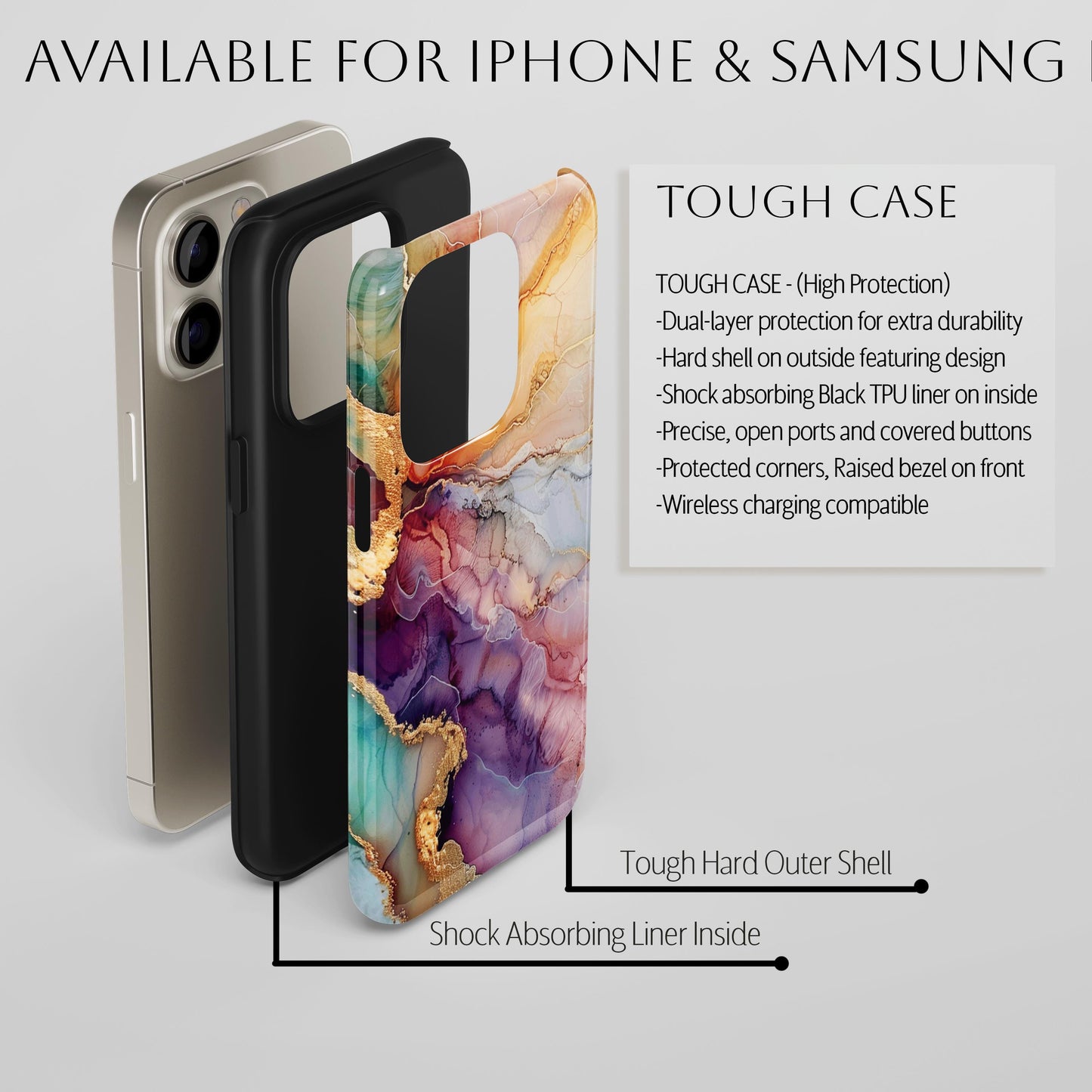 Luxury Sunset Marble iPhone Case | Purple Gold Amber Ink Art | Agate Design | Compatible with iPhone, Samsung Galaxy Tough Case Protection