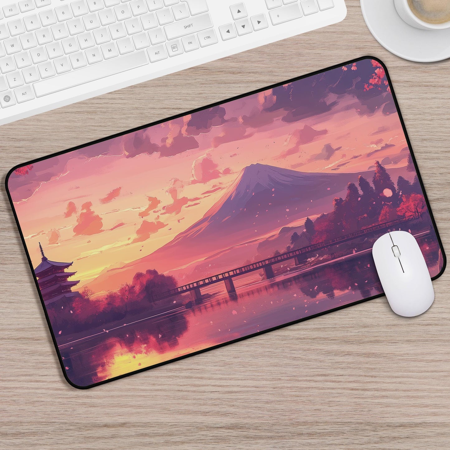 Desk Mat Japanese Sunset | Mt Fuji Cherry Blossom Mouse Pad | Anime Aesthetic Gaming Desk Pad | Pink Purple Landscape Office Accessory