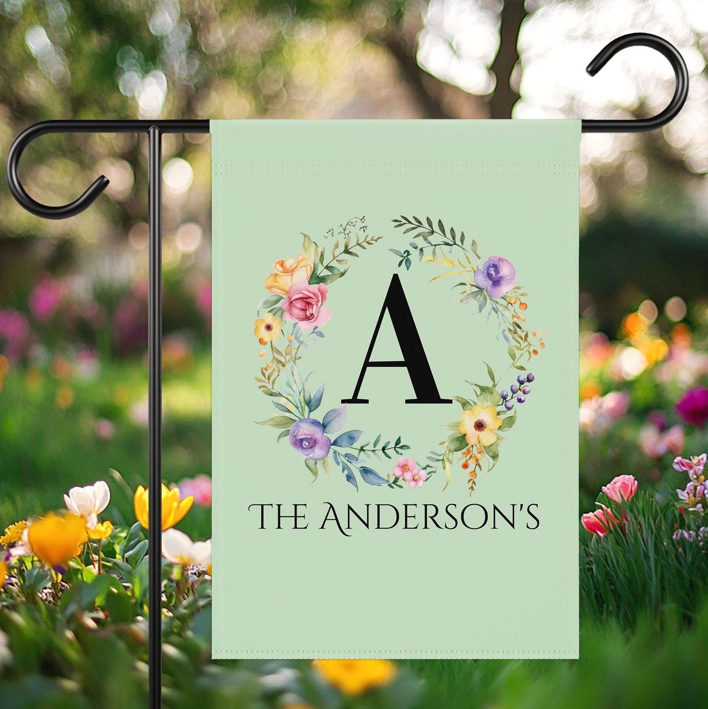 Personalized Garden Flag with Monogram Last Name, Custom Floral Outdoor Decor, Spring Yard Sign, Garden Party Banner, Bridal Shower Sign