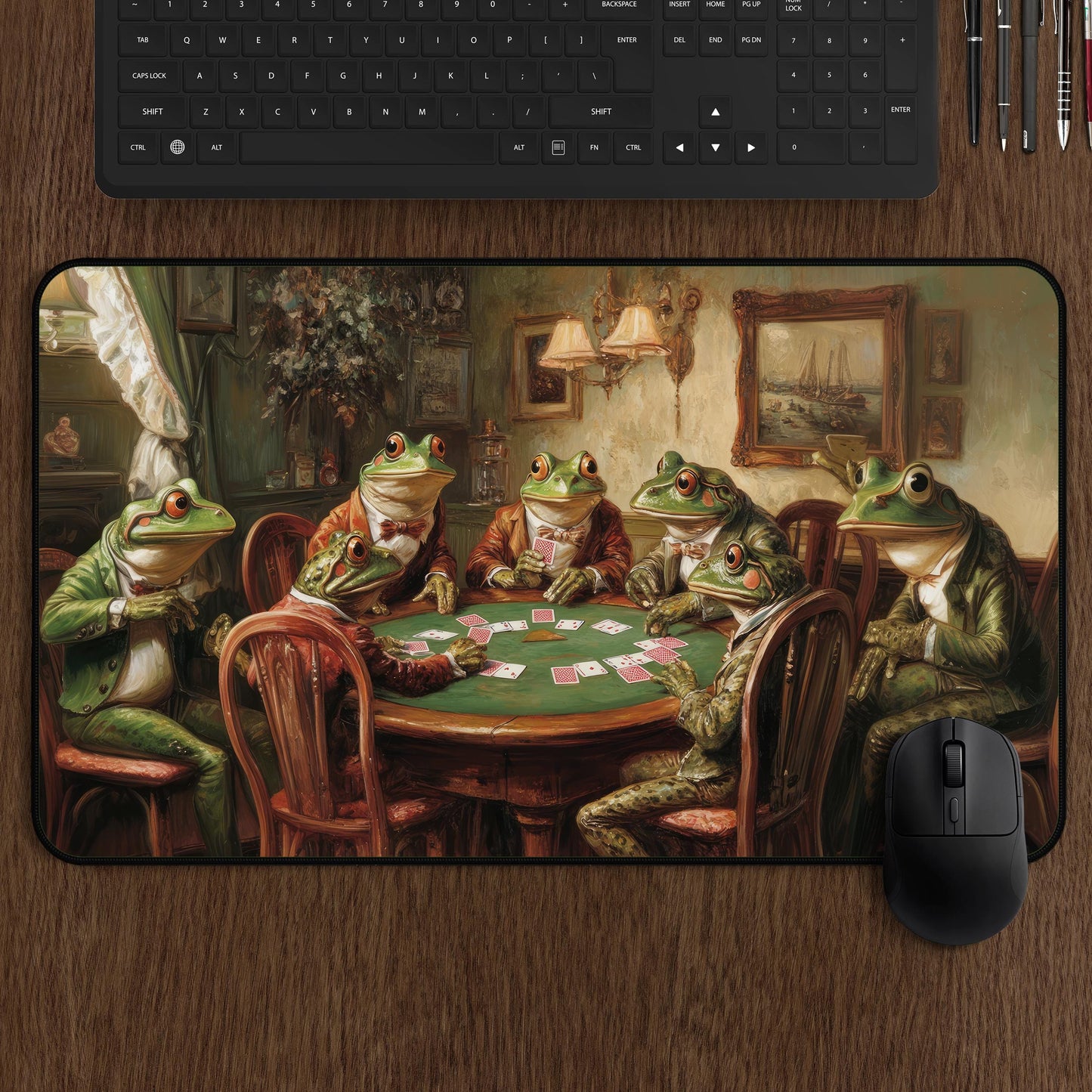 Funny Desk Mat Frogs Playing Poker | Large Desk Pad | Poker Art Office Decor | Card Player Gift | Funny Coolidge Parody Mouse Pad