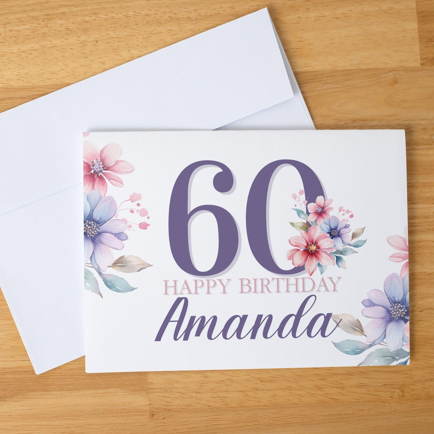 Personalized Floral Birthday Card for Her, Custom Age & Name Greeting, Purple Pastel Flowers, Handmade A2 Card, Blank Inside, Elegant