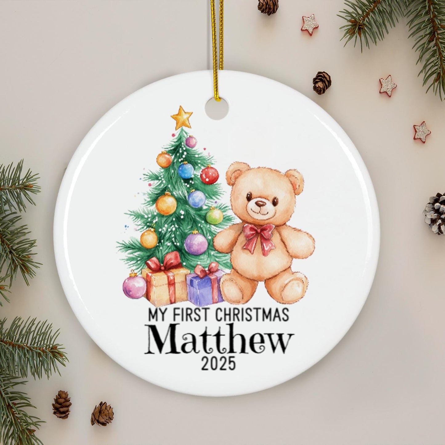 Personalized My First Christmas Ornament, Custom Name Teddy Bear & Tree Keepsake, Baby Boy Ceramic Holiday Gift, 2025 Xmas Decoration