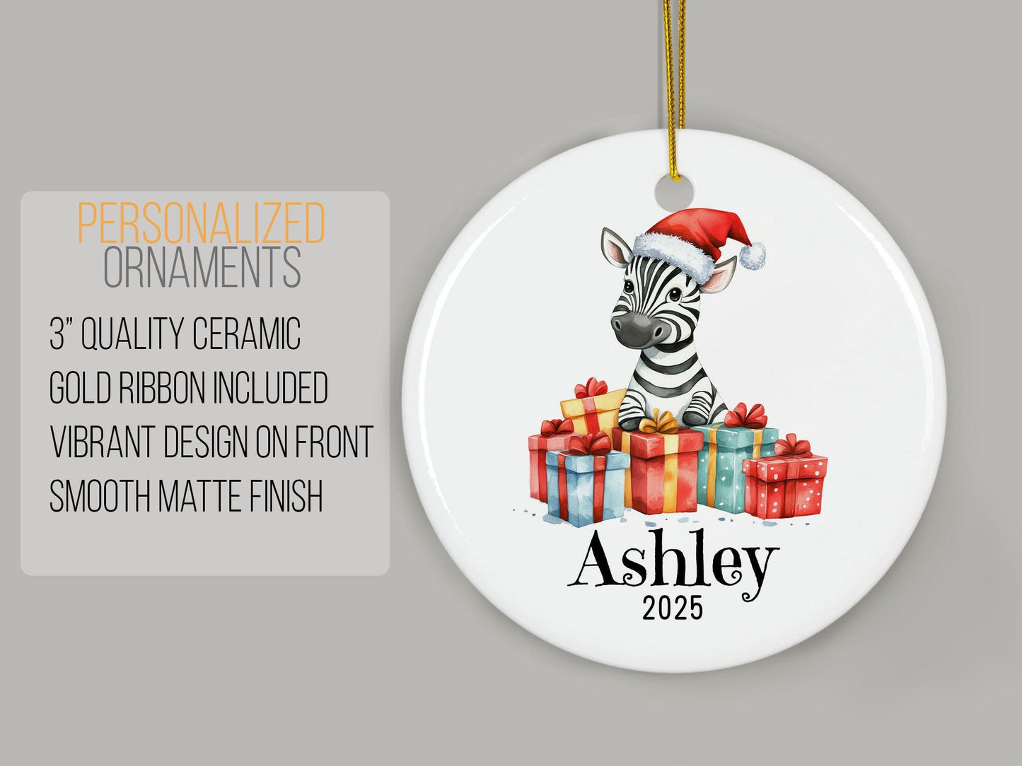 Personalized Zebra Christmas Ornament, Custom Name Ceramic Keepsake, Baby First Xmas Decoration, Kids Holiday Gift, Cute Animal Decor