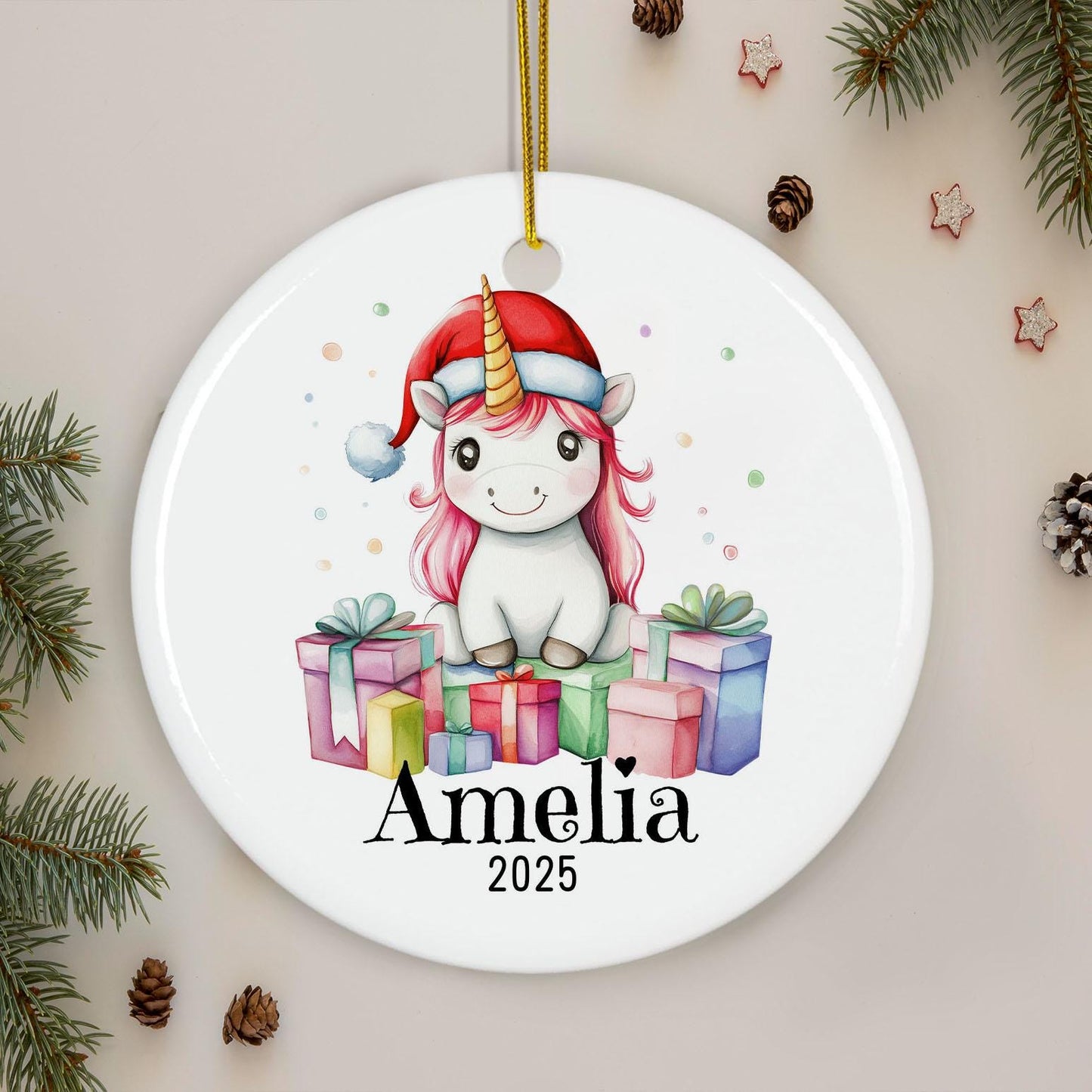 Personalized Unicorn Christmas Ornament, Custom Name Ceramic Keepsake, Girls Holiday Decoration, Baby First Xmas Gift, Magical Decor
