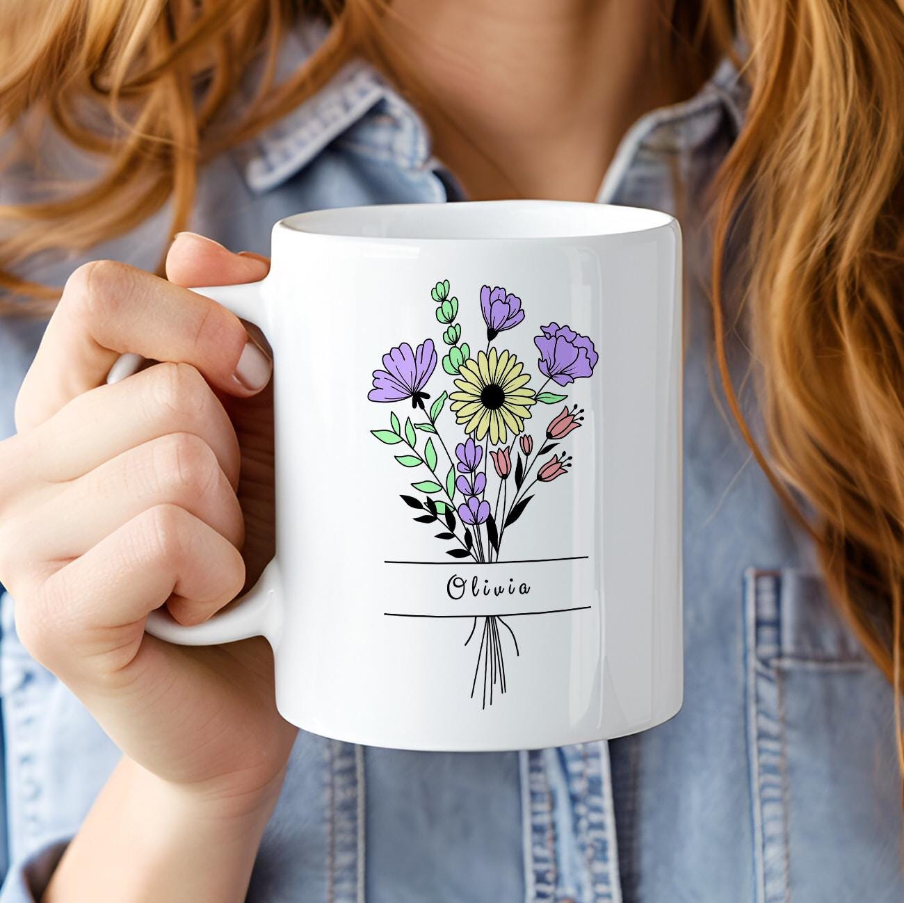 Personalized Flower Name Mug, Custom Name Coffee Mug With Boho Floral Bouquet, Gift for Her, Custom Mug for Women, Birthday Gift, Name Cup