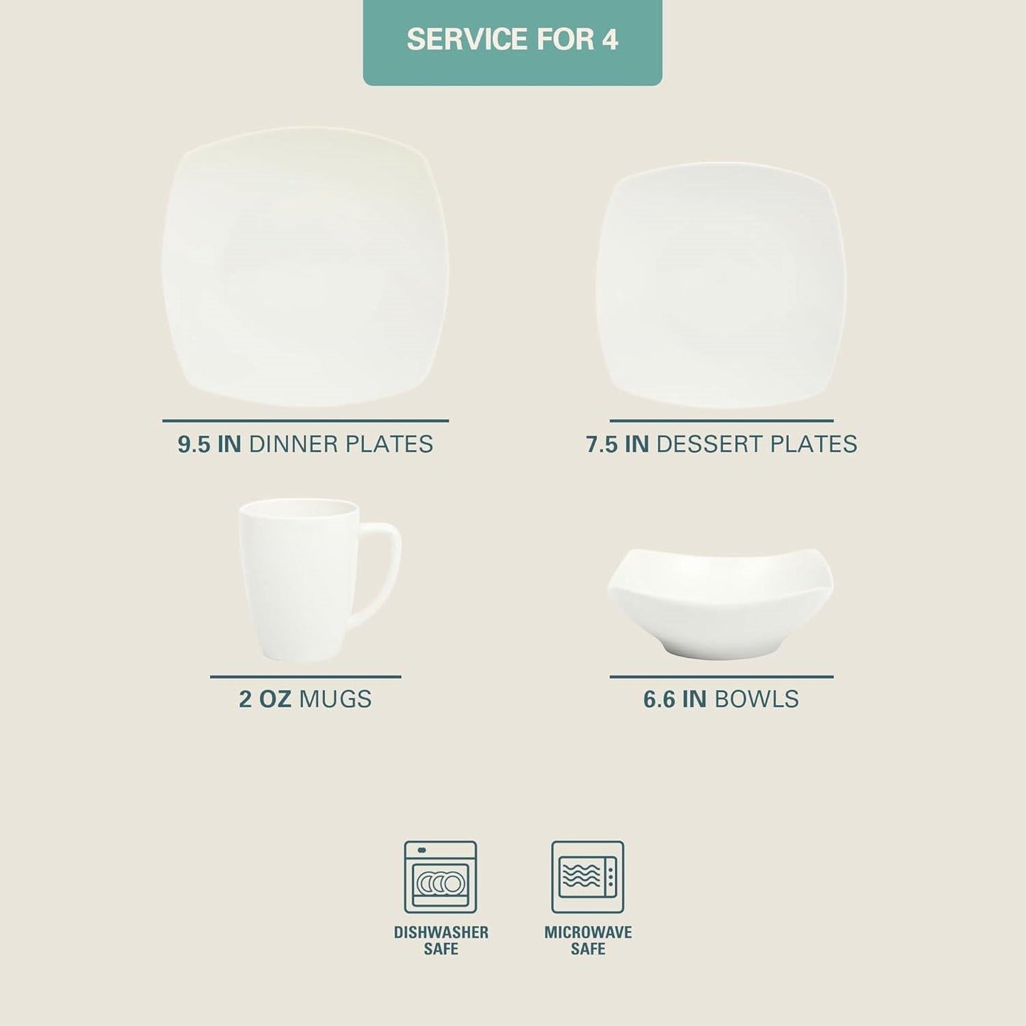 16 Pieces - White Square Porcelain Dinnerware Set - Service for 4