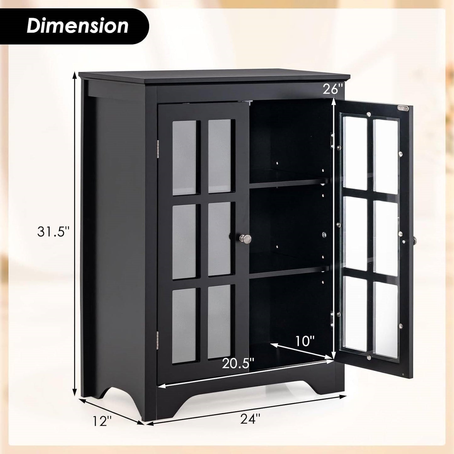 Black Bathroom Storage Linen Cabinet with Adjustable Shelves and Glass Doors