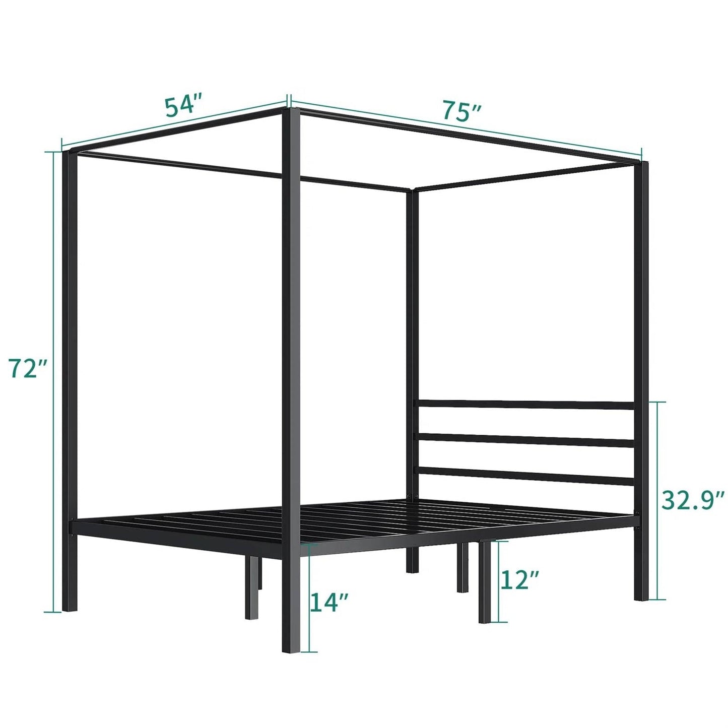 Full size Modern Four Poster Metal Canopy Bed in Black Finish